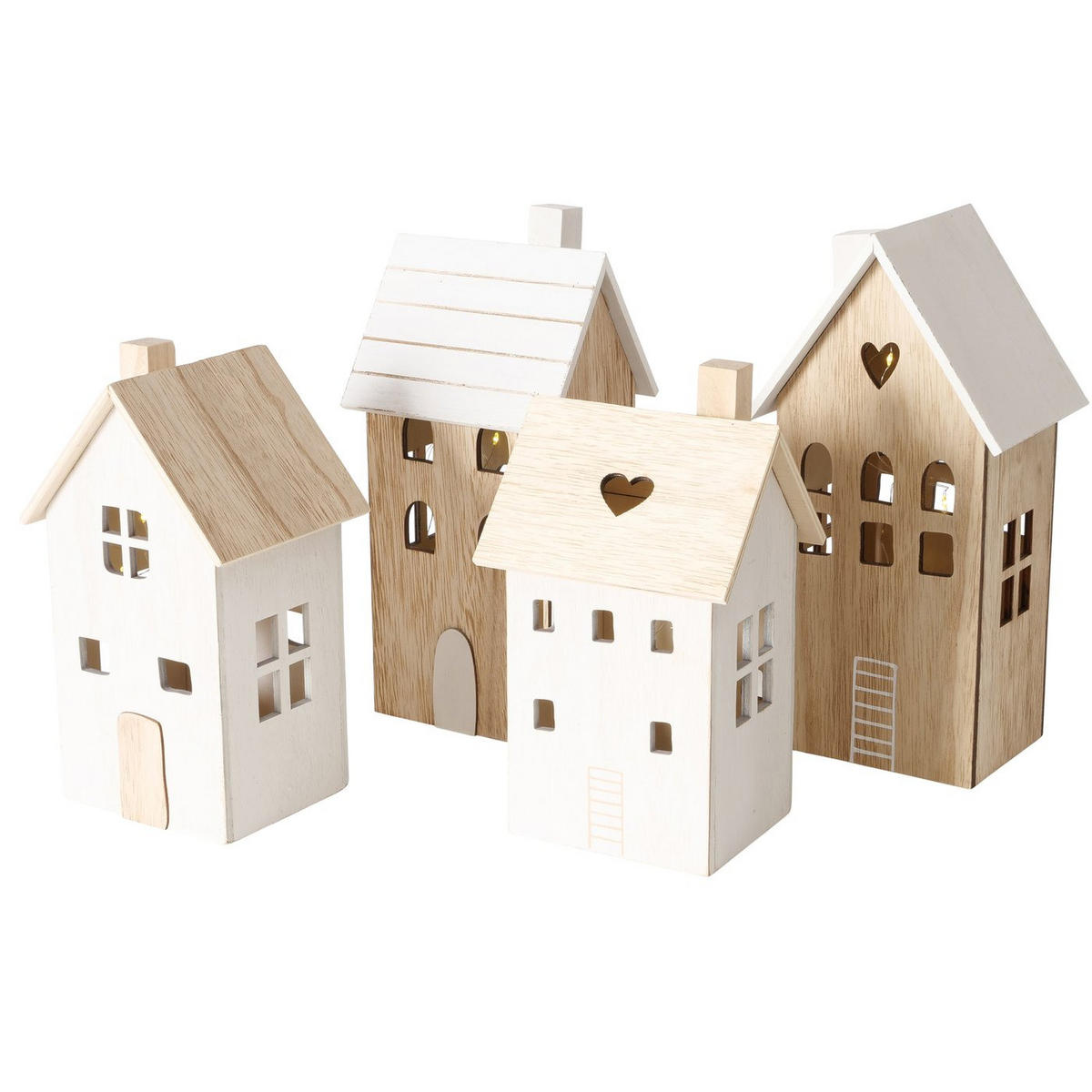 HOLZDEKORATION Aldea mit Beleuchtung, 2 Häuser - Beige, Holz (11/25/12cm) - Boltze Home
