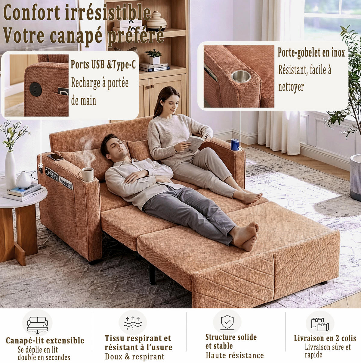 SCHLAFSOFA aus Holz und Stoff mit USB-Ladeports und Schiebe-Transform-Funktion Orange - Orange, Holz (134/73/195cm) - Modenvie