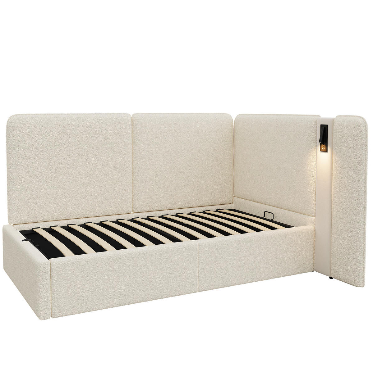 KINDERBETT Polsterbett 90/200 cm aus Bouclé mit hydraulischem Stauraum, USB-C-Anschluss und Leselampe Beige - Beige, Textil (90/200cm) - Modenvie