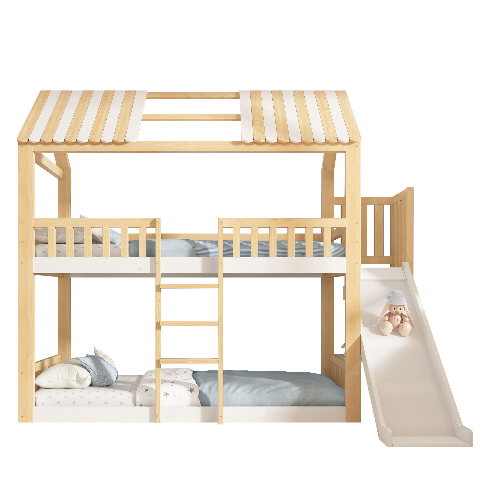 ETAGENBETT 90/200 cm & 90/200 cm in Weiß & Natur Kinderbett mit Regal und Rutsche im Hausbett-Design - Weiß/Naturfarben, Holzwerkstoff (90/200cm) - STILVORA