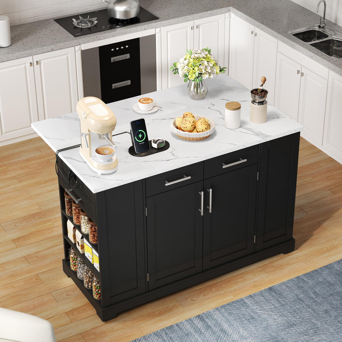KÜCHENINSEL 138/56/92 cm Schwarz + Weiß mit 3 Schubladen, klappbare Arbeitsplatte und ausziehbarer Mülleimer - Multicolor, Holz/Holzwerkstoff (86/92/138cm) - Oxeza