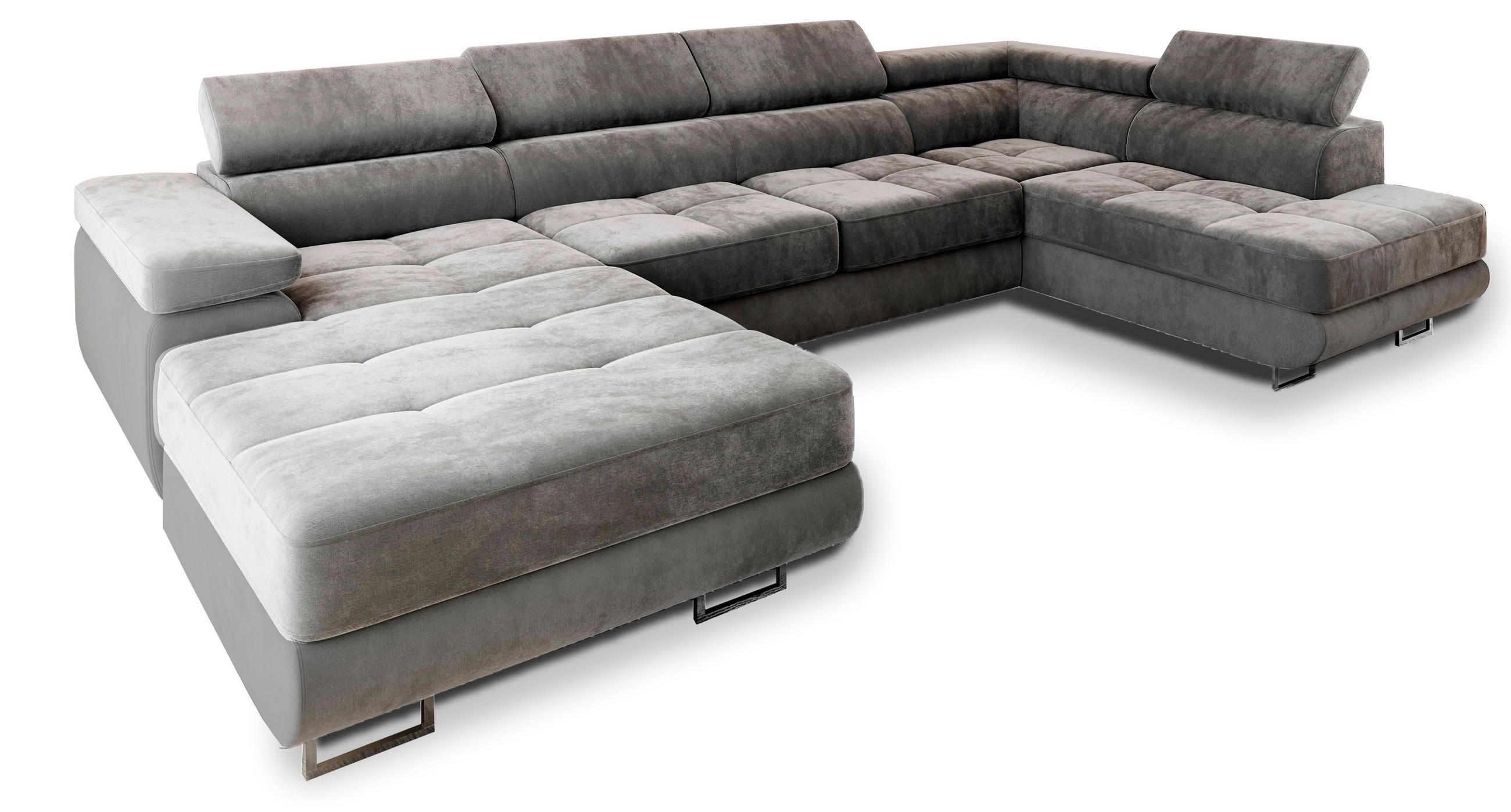 WOHNLANDSCHAFT CASONE R-S Grau Velours-Stoff mit Schlaffunktion - Grau, Holz (345/90/202cm) - MASSENO
