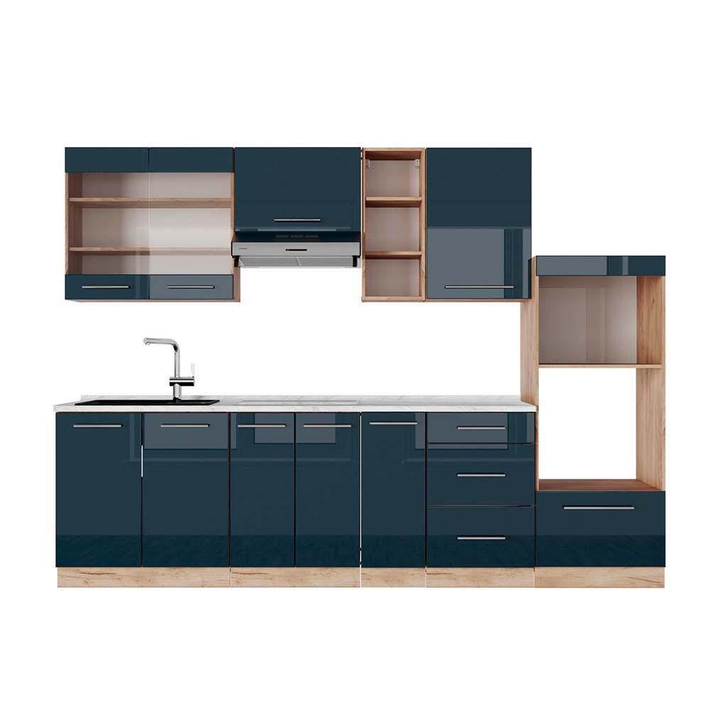 KÜCHENZEILE Fame-Line Dunkelblau Hochglanz/Goldkraft Eiche 280 cm AP Marmor - Eiche Wotan/Dunkelblau, Holzwerkstoff (280/81.6/60cm) - Vicco