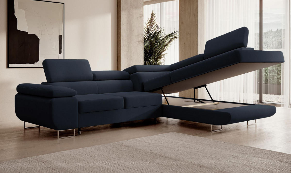 ECKSOFA Stevil Dunkelblau Velours - Silberfarben/Dunkelblau, Textil/Metall (275/203cm) - Selsey