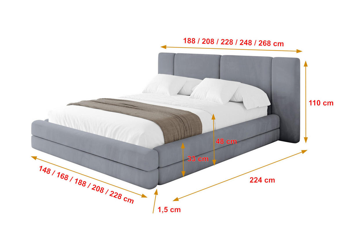 POLSTERBETT mit Bettkasten und Lattenrost, Bett mit Matratze H3/H4 - TEVO 200x200 Grau - Grau, Holzwerkstoff/Textil (200/200cm) - ALTDECOR