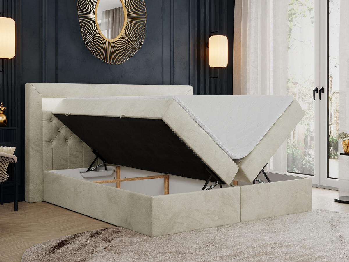 BOXBETT GOLD-6 LED 160/200 Beige Velvet - H4 - Beige, Holz/Textil (160/200cm) - MKS