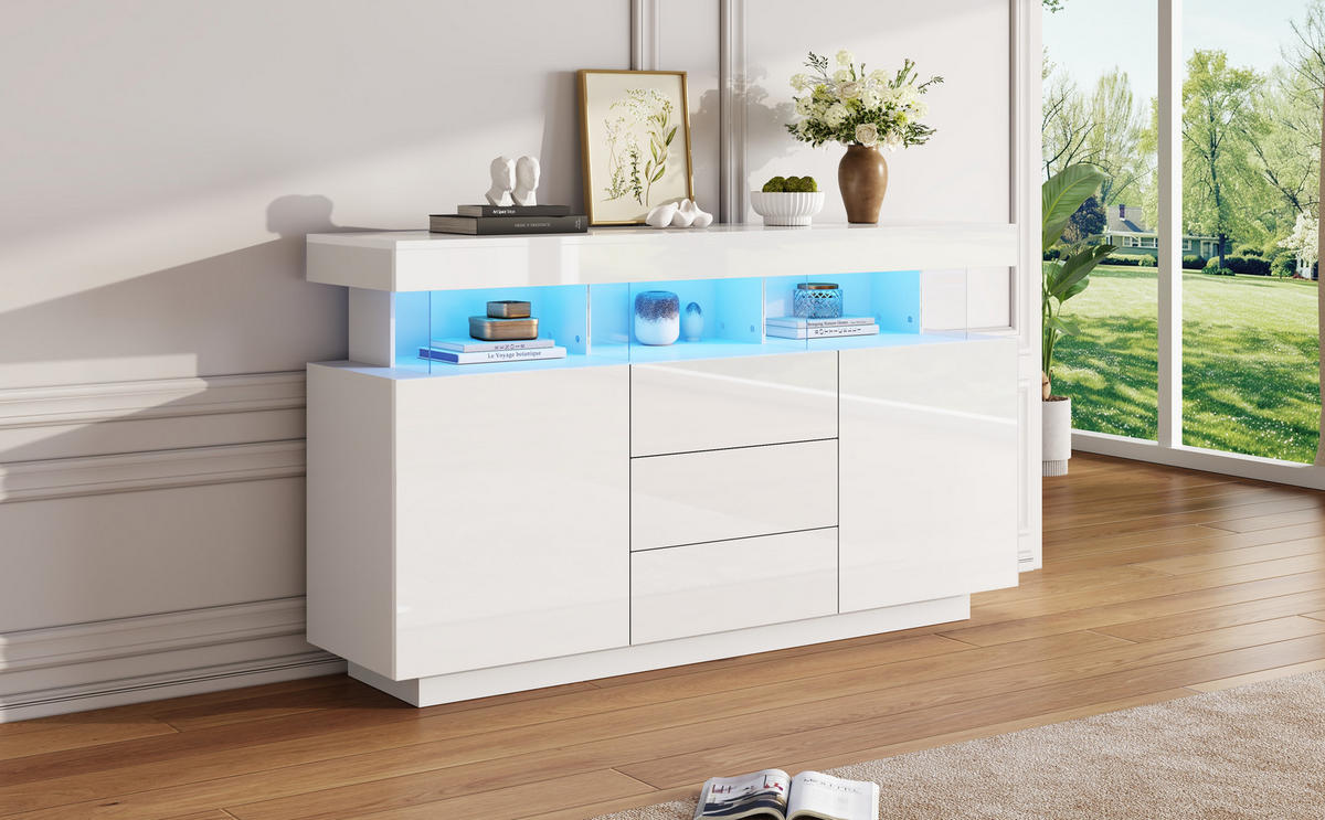 SIDEBOARD mit LED-Beleuchtung Moderner Aufbewahrungsschrank - Weiß, Holzwerkstoff (140/80/35cm) - Urban Meuble