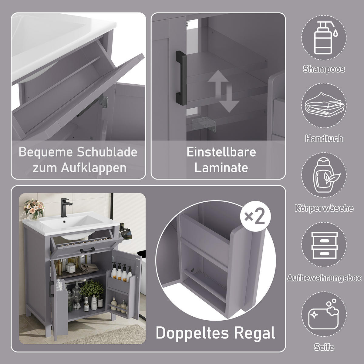 WASCHTISCHKOMBI mit Keramikbecken 60x46x84.8cm in Grau, 2 Türen & umklappbarer Schublade - Grau, Holzwerkstoff (60/84.8/46cm) - Modfu