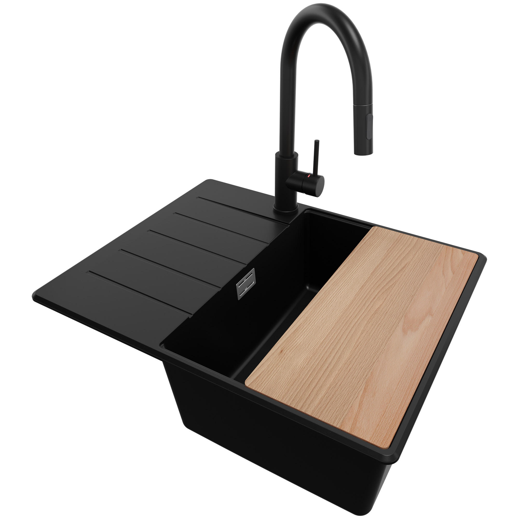 GRANITSPÜLE Kopenhagen, 2-er set Schwarz 62/50 cm 1 Becken + Küchenarmatur 40/20 cm + Ablauf-Set + Schneidebrett ab 45er Unterschrank - Chromfarben/Beige, Kunststoff (62/20/50cm) - Primagran