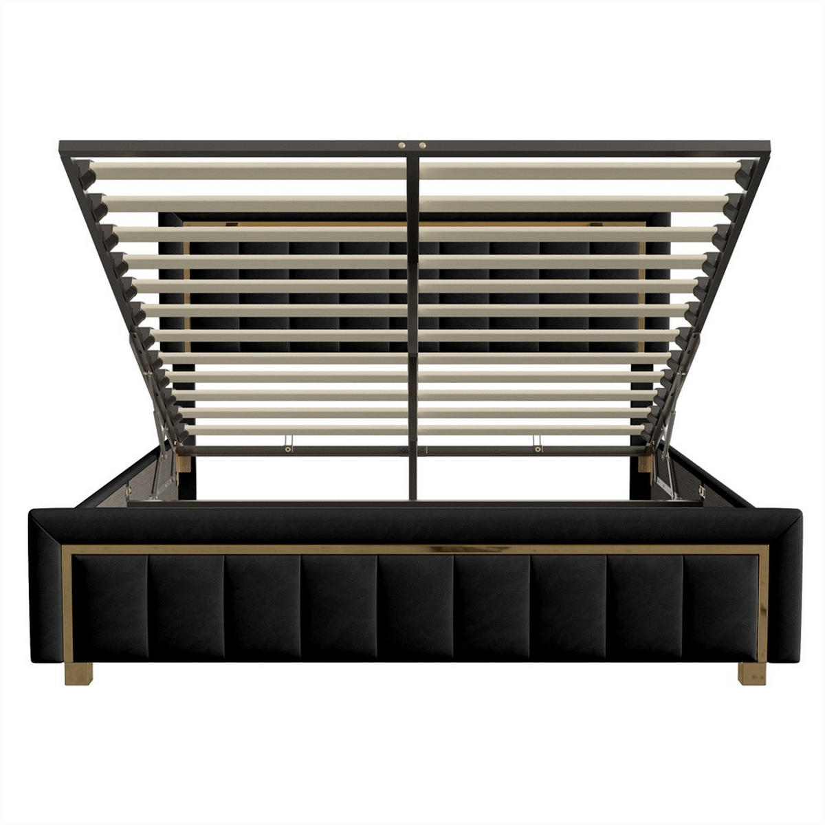 POLSTERBETT 140x200 cm mit vertikal gestepptem Kopfteil und hydraulischem Bettkasten - ohne Matratze - Schwarz - Schwarz, Textil (140/200cm) - DELFA