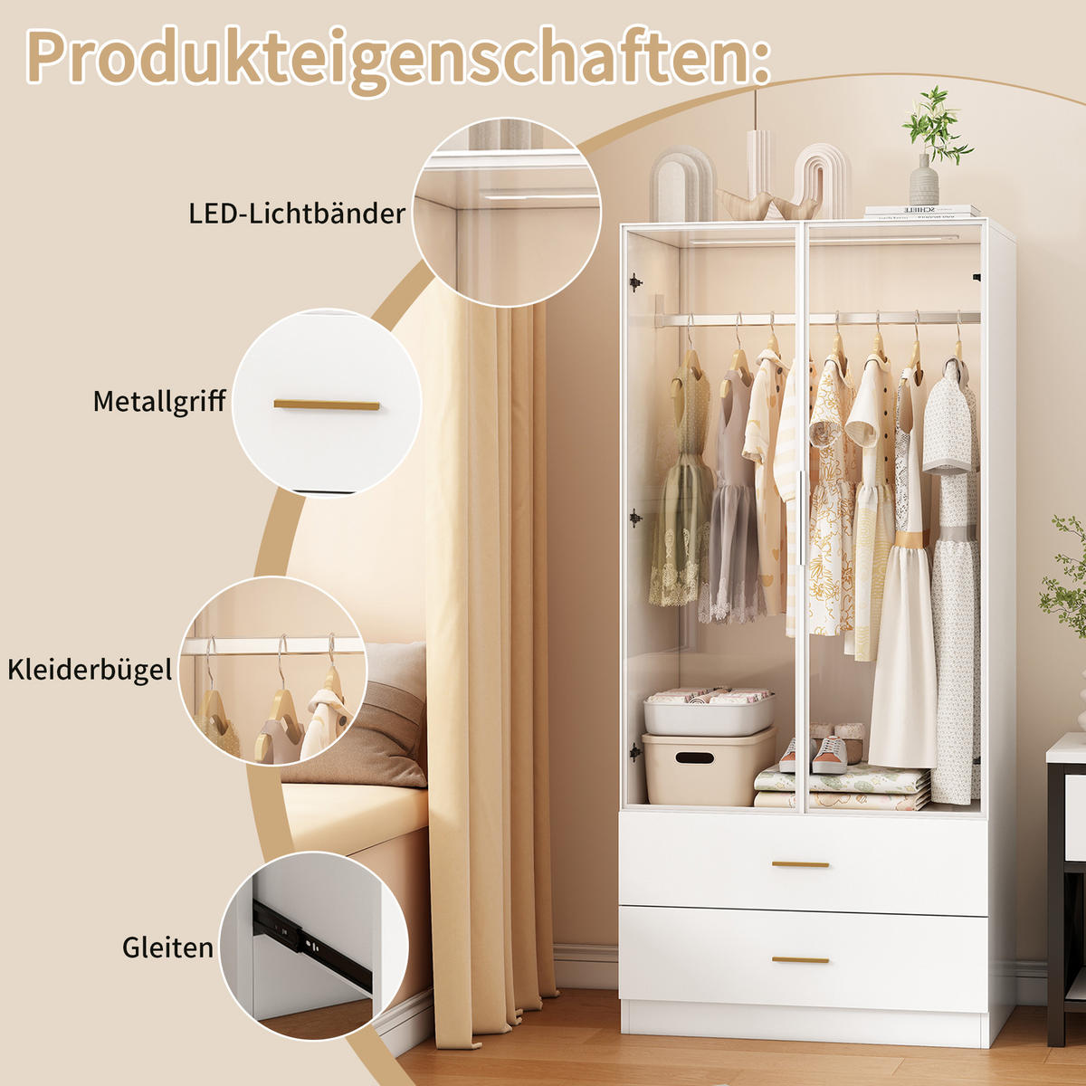 KLEIDERSCHRANK 80x50x175 cm LED Glastür Kleiderstange 2 Schubladen weiß - Weiß, Holz (80/175/50cm) - LEBENLANG