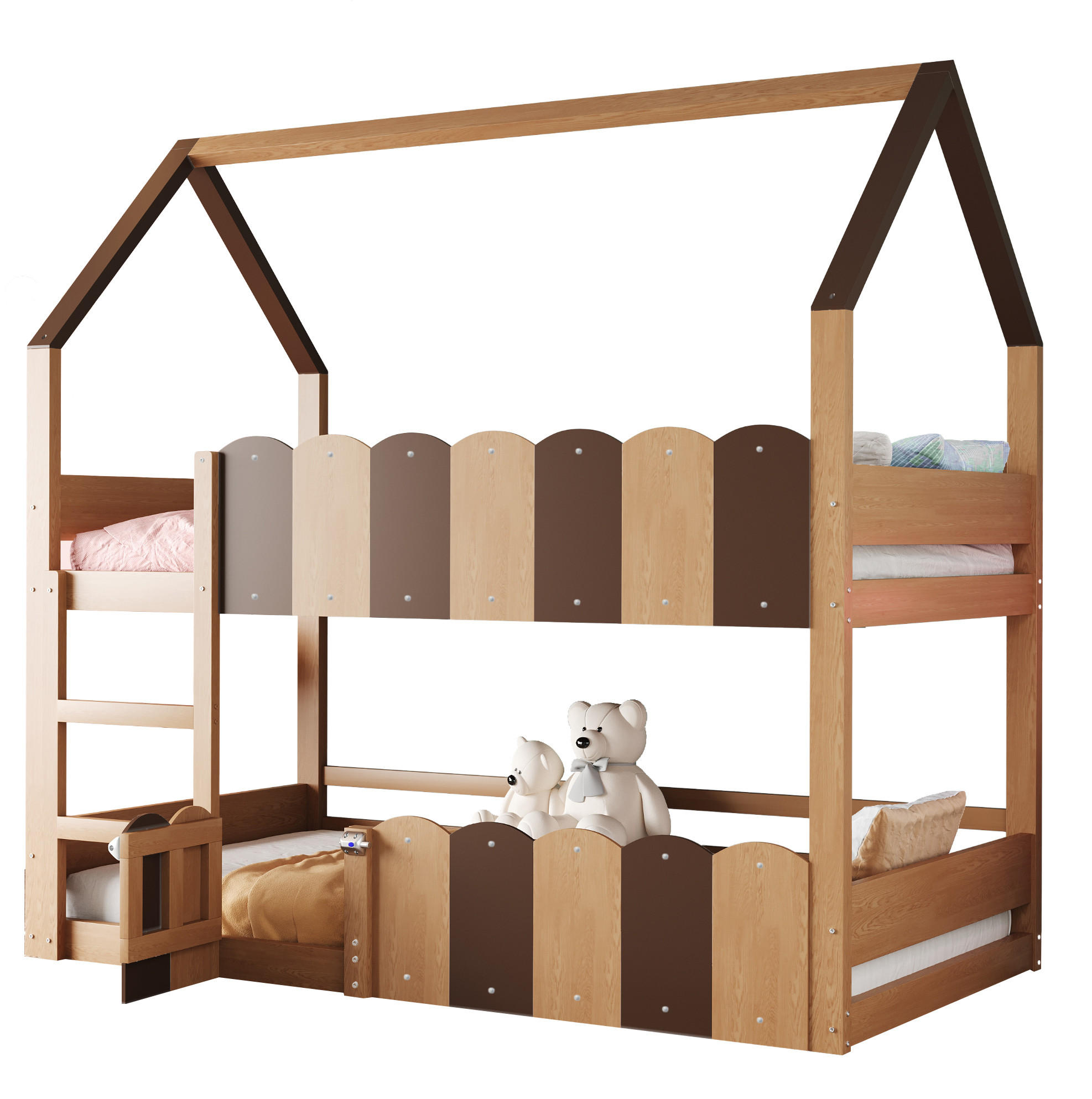 ETAGENBETT aus Holz 90x200 cm Naturholz mit Hausdesign, Sicherheitsgeländern und Lattenrost - Naturfarben, Holz (90/200cm) - Modfu
