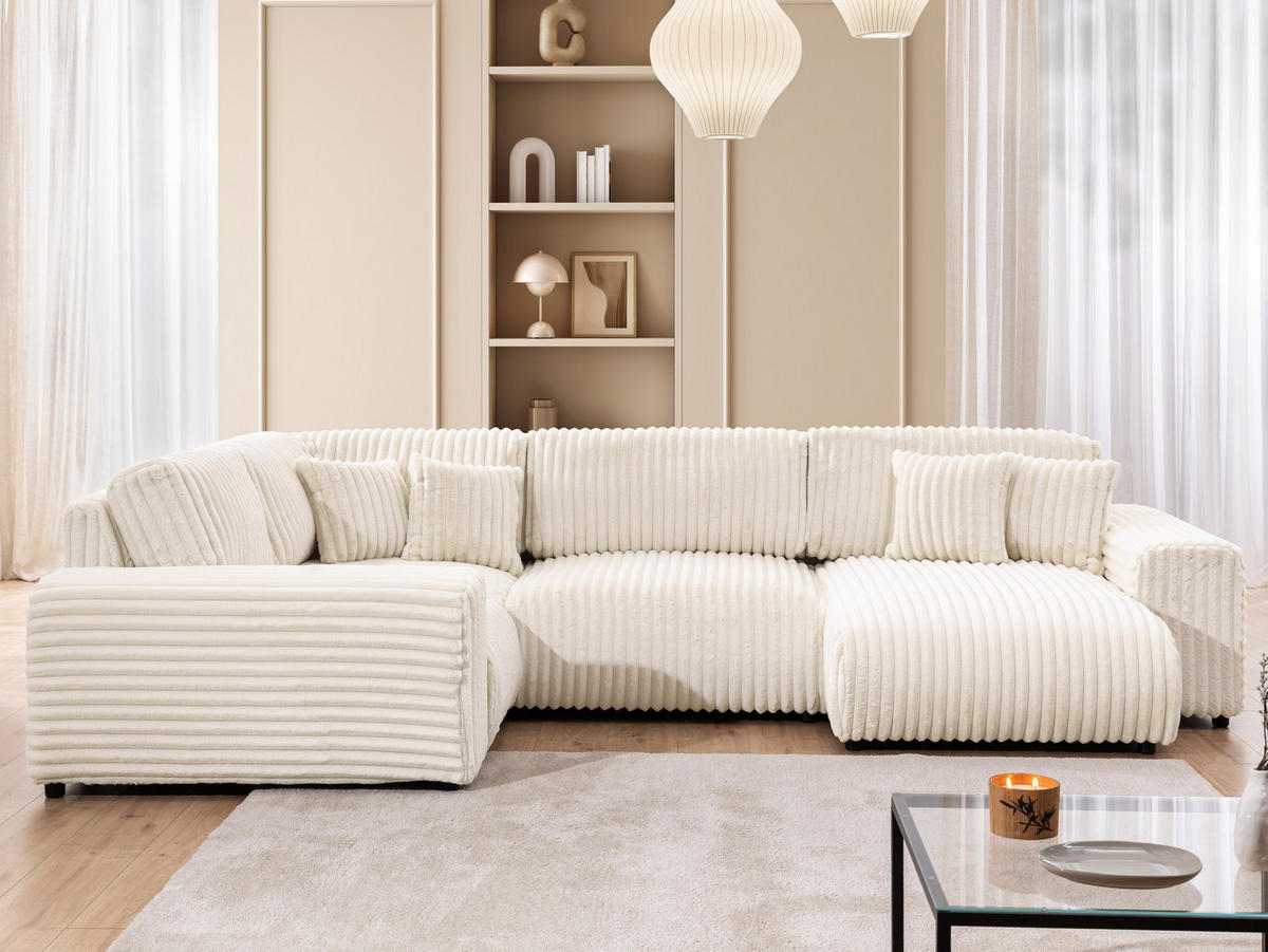 WOHNLANDSCHAFT Mollis Hellbeige Plüschcord im XXL-Format - Ottomane Rechts - Beige/Schwarz, Holz/Kunststoff (316/77/194cm) - S-Style Möbel