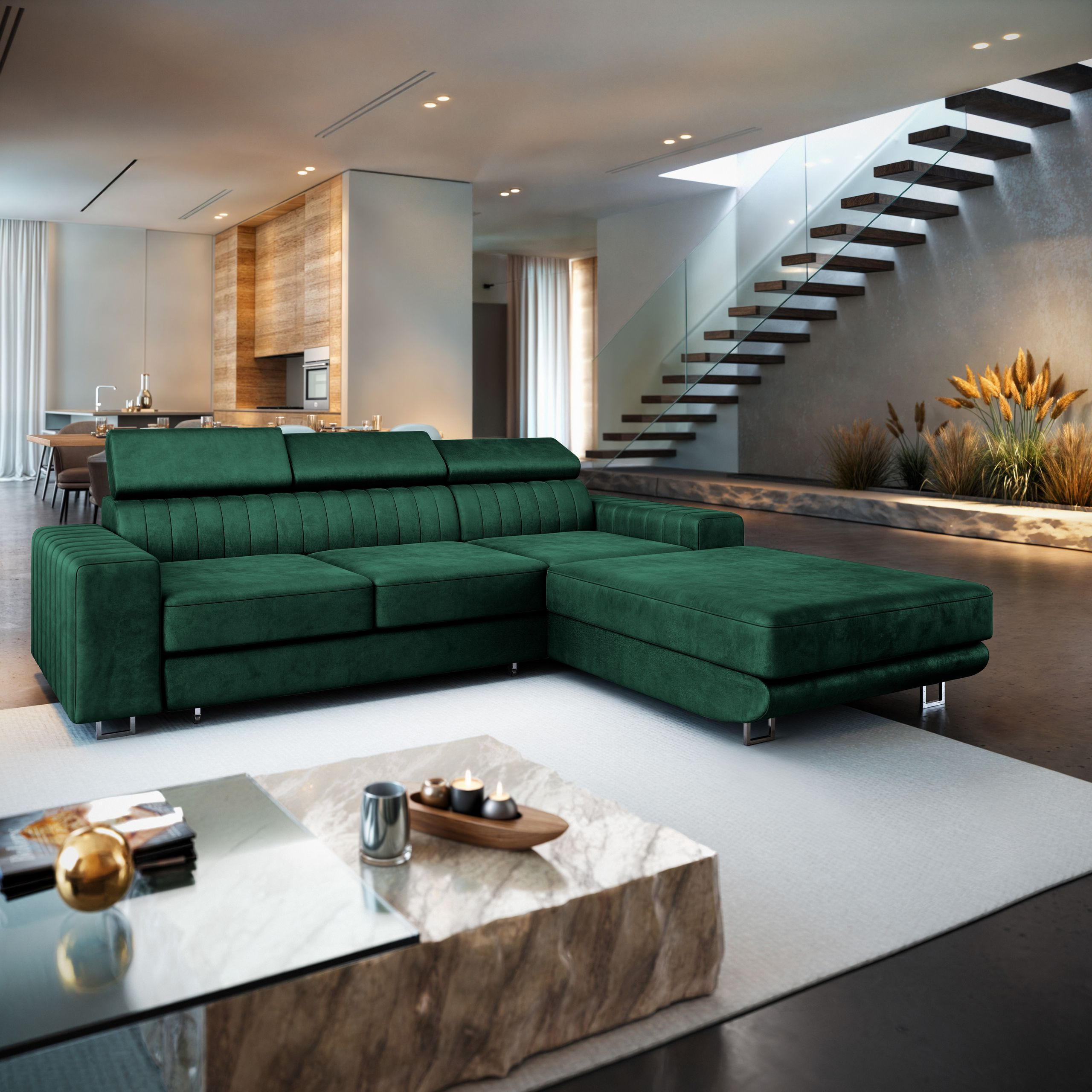 ECKSOFA NOTO R-S Grün Velours-Stoff mit Schlaffunktion - Grün, Holz (267/190cm) - MASSENO