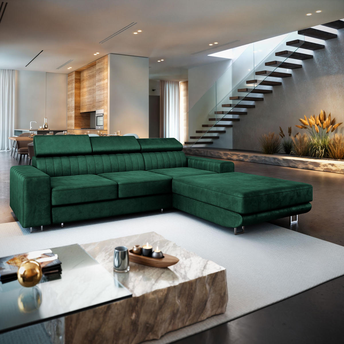 ECKSOFA NOTO R-S Grün Velours-Stoff mit Schlaffunktion - Grün, Holz (267/190cm) - MASSENO