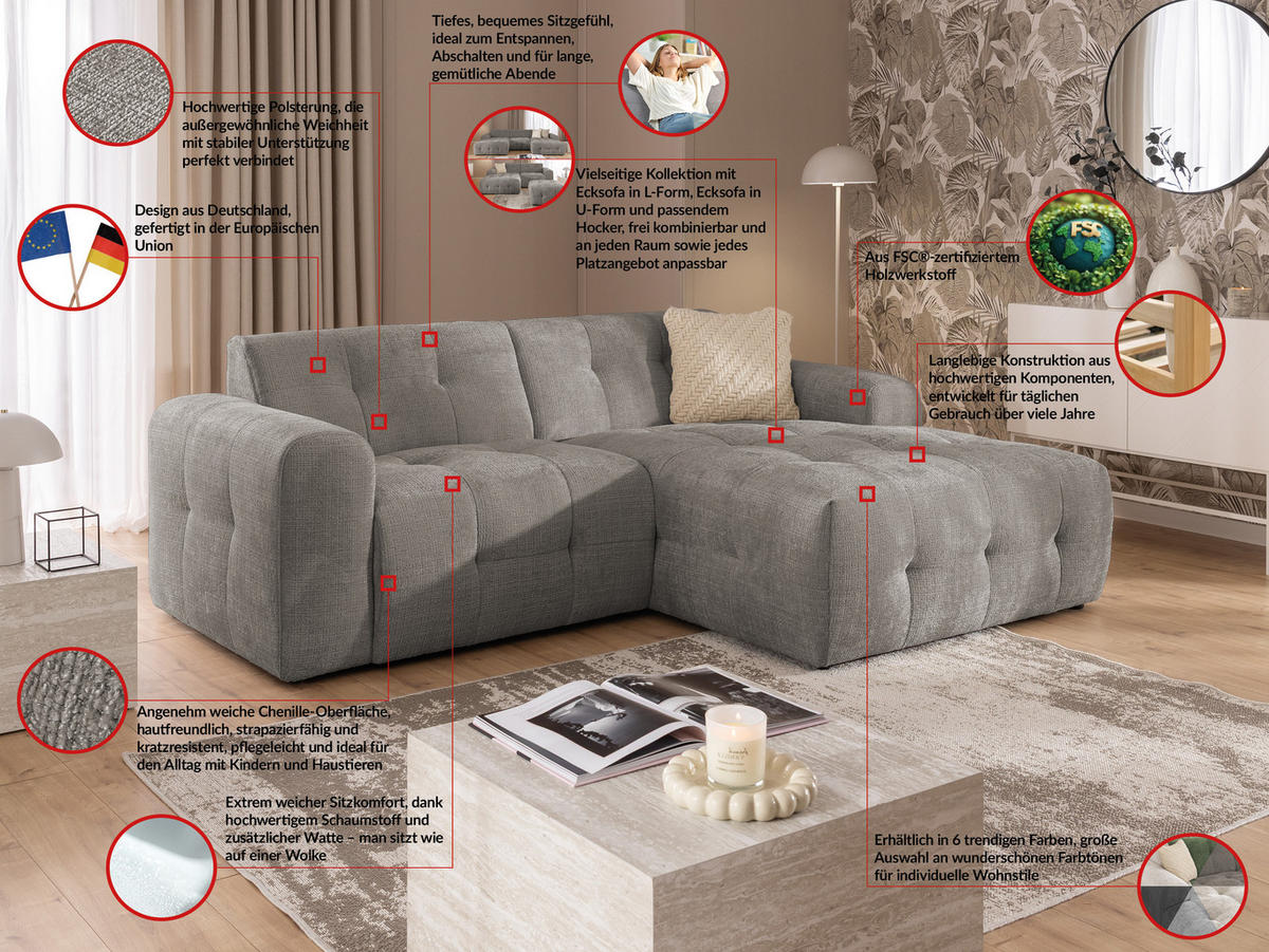 ECKSOFA inkl. Hocker Kozy im Bumpy-Design mit Schlaffunktion und fester Rückenlehne aus weichem Taupe Chenille-Stoff - Ottomane rechts - Taupe/Schwarz, Holz/Kunststoff (234/161cm) - S-Style Möbel