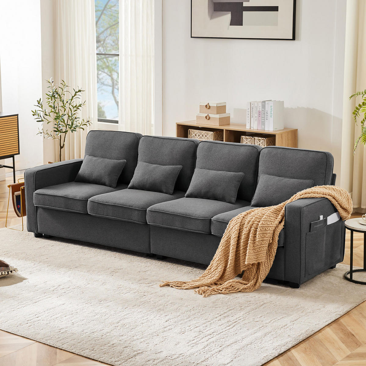 SOFA 4-Sitzer Leinenstoff Armlehnentaschen & 4 Kissen Modern Dunkelgrau - Grau, Holz (71/27.5/55.5cm) - FLIEKS