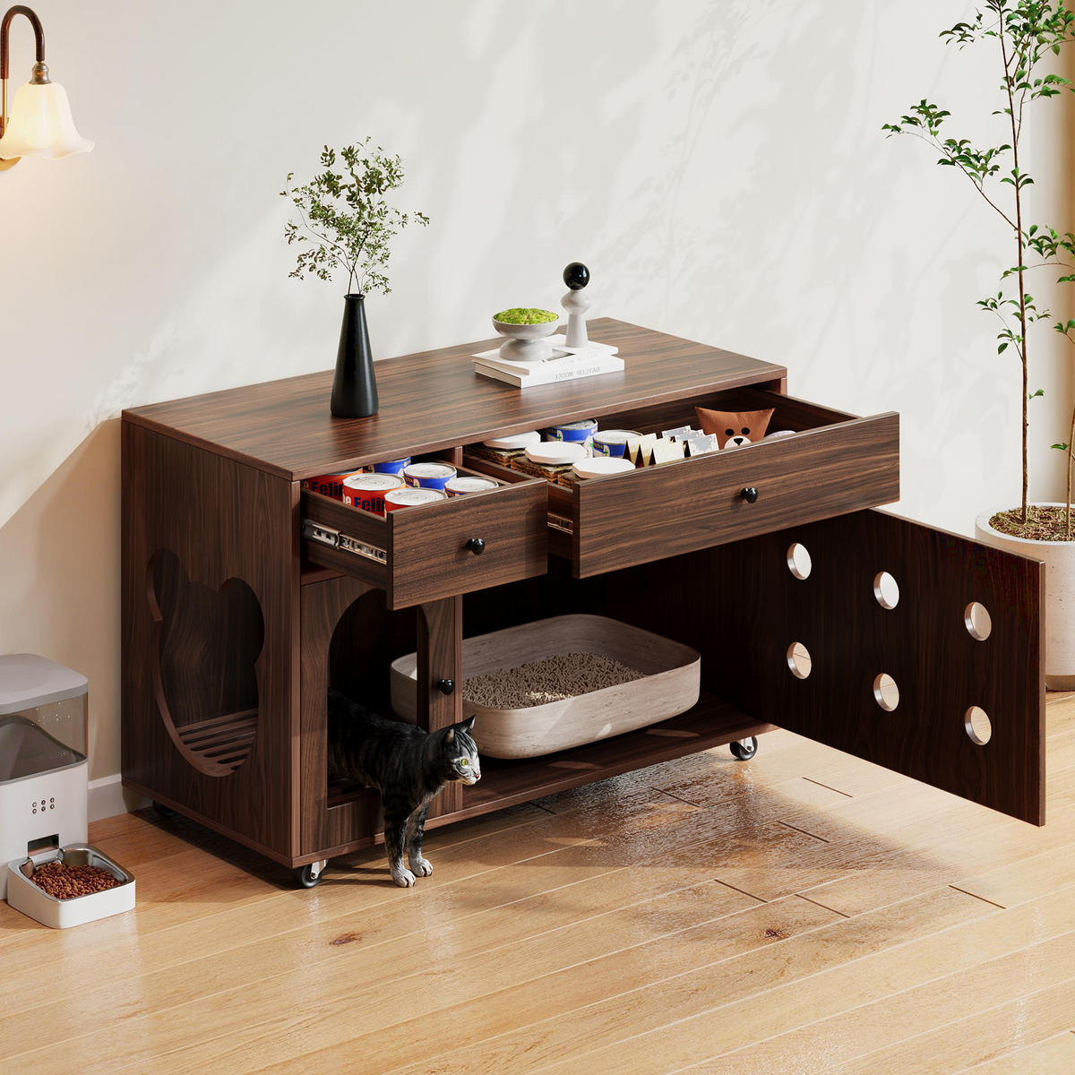 SIDEBOARD Nussbaumfarbe aus MDF 100×45×66cm als Katzenkloschrank mit Sandauffangplatte und Schubladen - Nussbaumfarben, Holzwerkstoff (45/66/10cm) - Luhomfu