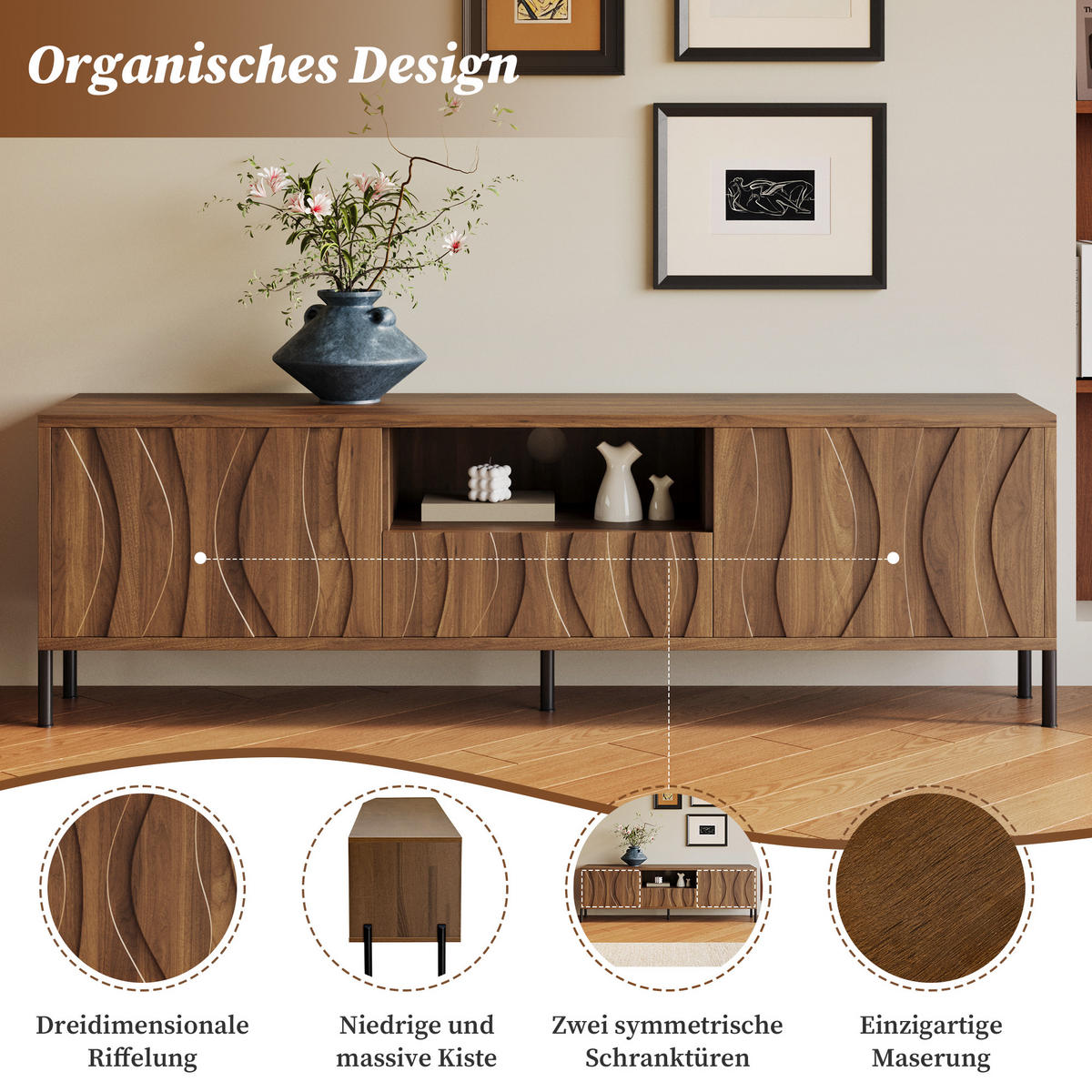 TV-SCHRANK 160cm 3 Türen niedrig modern Stauraum - Naturfarben, Holzwerkstoff (35/46/160cm) - FLIEKS