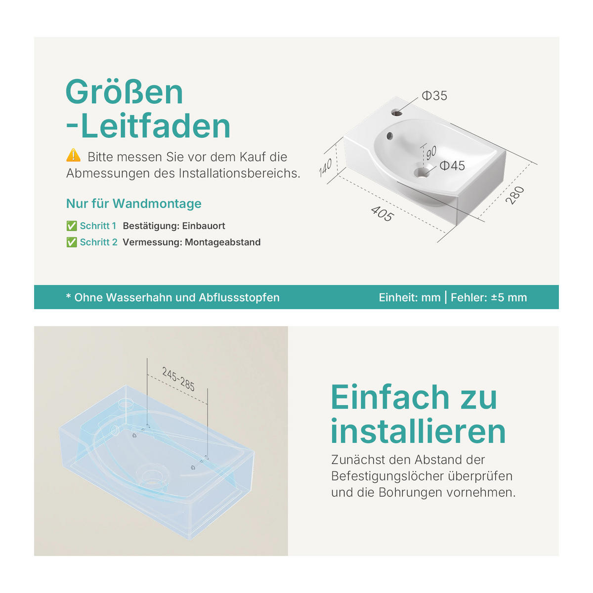 WASCHBECKEN Keramik Mit Hahnloch rechts Strahlend Weiß 40,5 / 28 / 14 cm - Weiß, Keramik (28/14/40.5cm) - EMKE