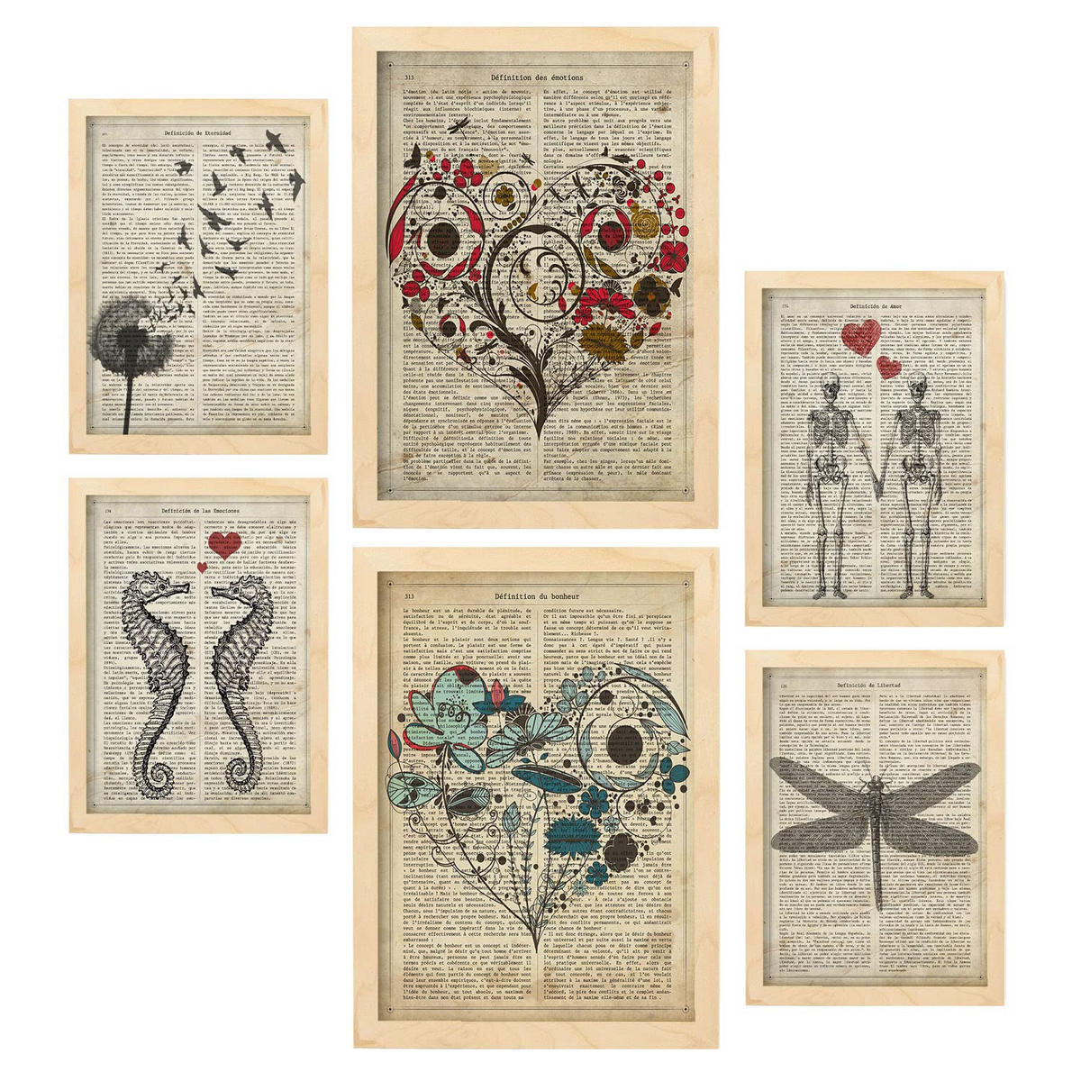 POSTER Set Mit 6 Vintage Text Sammlung A3 & A4 Rahmen Aus Hellem Holz - Beige, Papier (29/3cm) - Nacnic