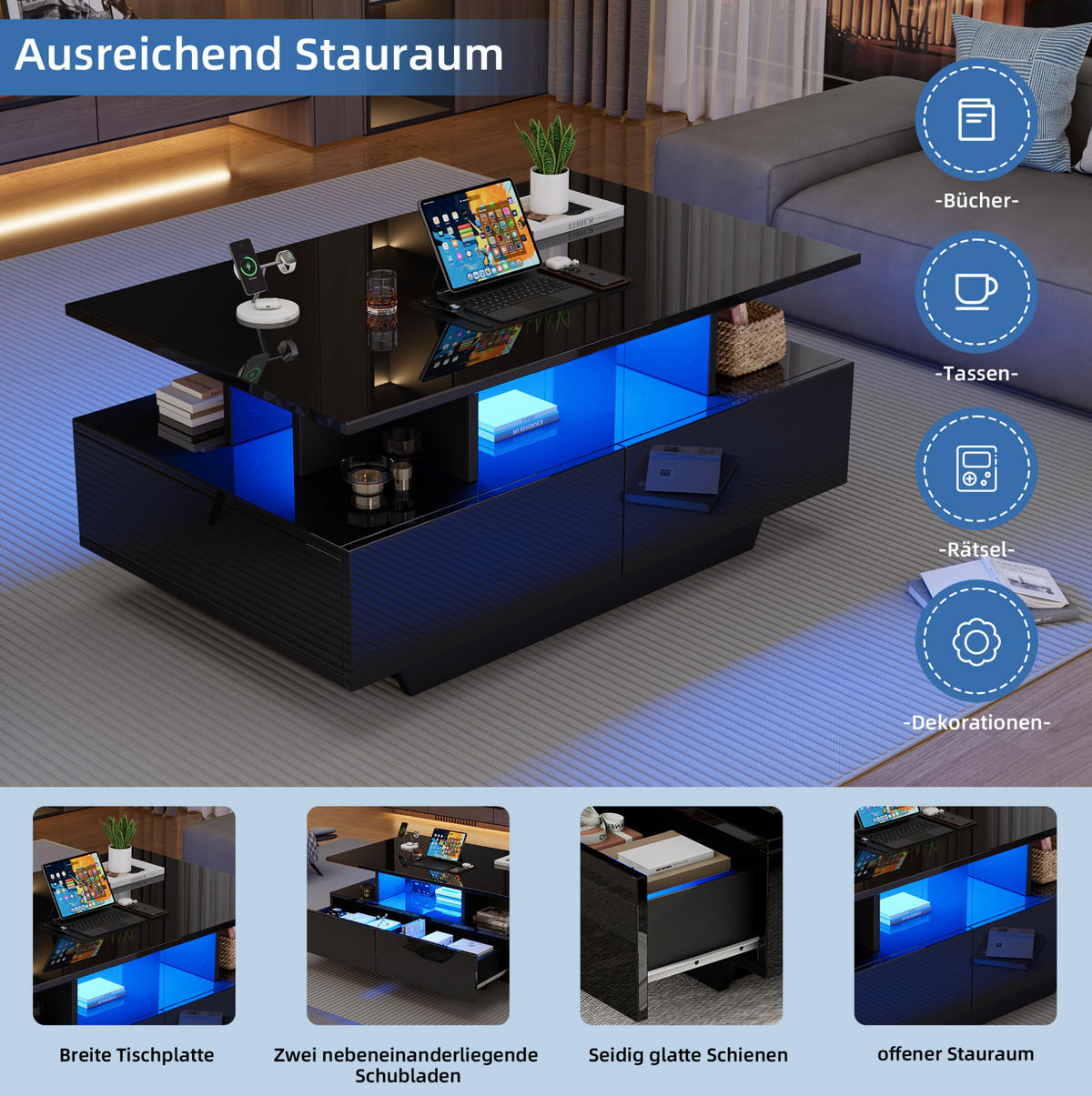 COUCHTISCH 90/55/41 cm schwarz aus Holzwerkstoff mit LED-Beleuchtung und 2 Schubladen - Schwarz, Holzwerkstoff (90/55/41cm) - OKMYHOME
