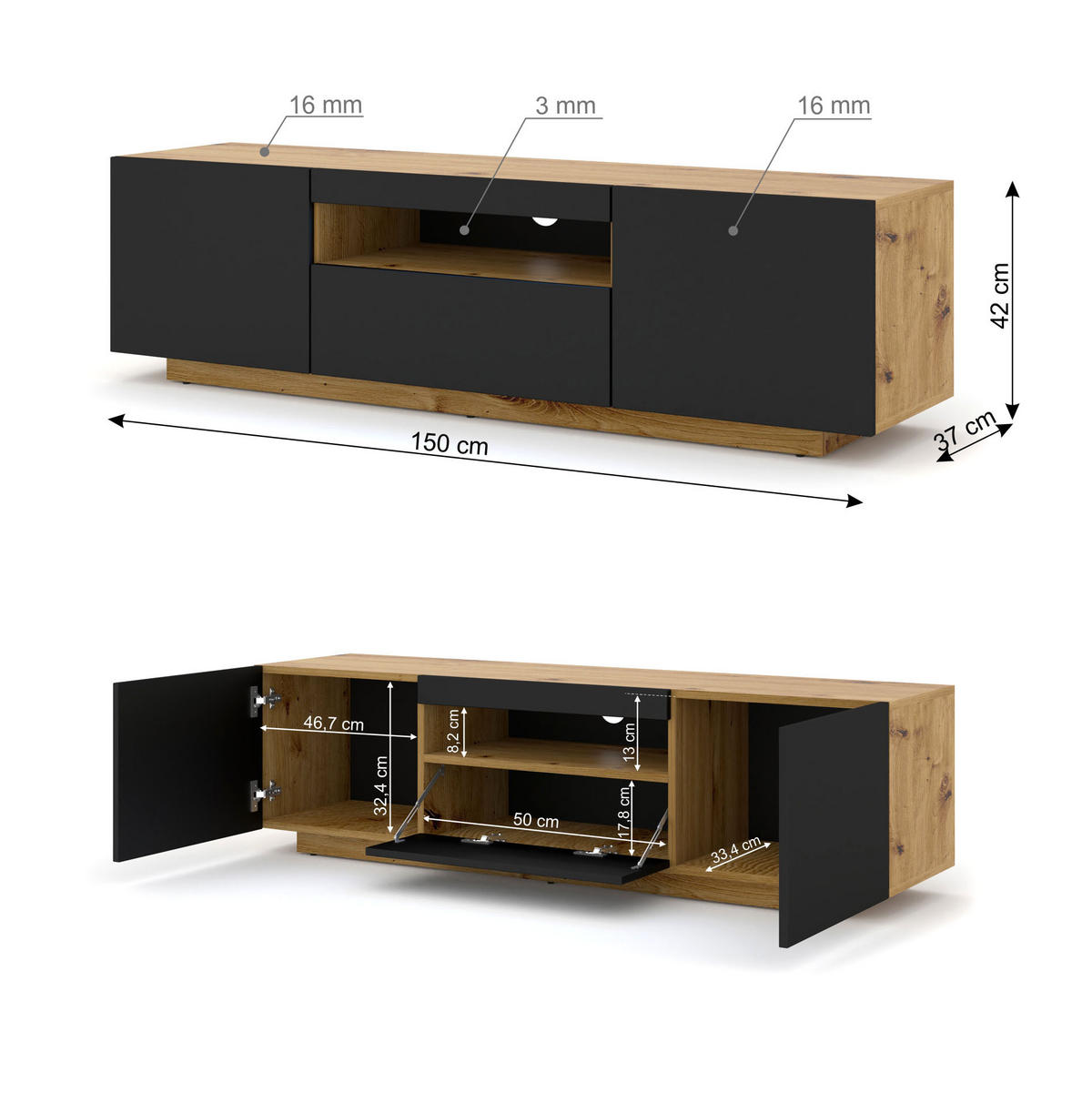 TV LOWBOARD Artisan Eiche, Schwarz 150/42/37 - Schwarz/Eiche Artisan, Holzwerkstoff (150/42/37cm) - RAUMHIRSCH FURNITURE