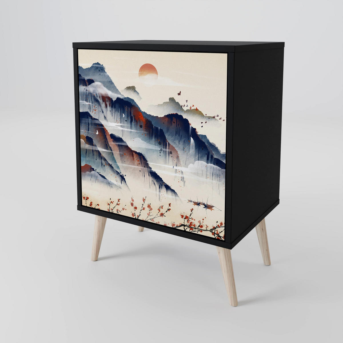 SIDEBOARD JAPANESE LANDSCAPE, Schwarz, 57,5x42x75,5 cm, Goldfarbene Metallfüße - Goldfarben/Multicolor, Holzwerkstoff/Metall (57.5/75.5/42cm) - SpaceRebels