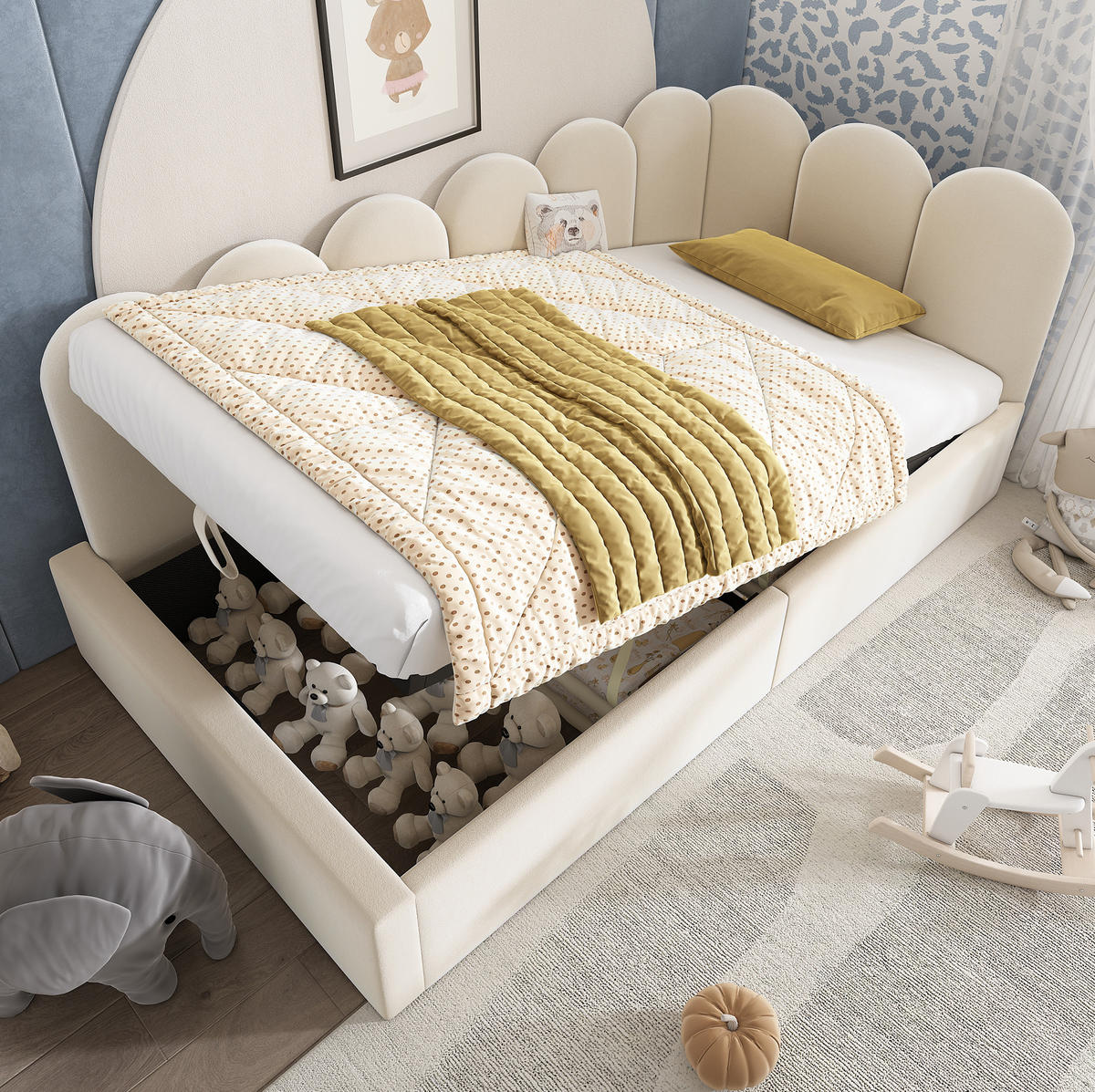 KINDERBETT 90/190 cm mit Stauraum, Samtbezug und Metall-Lattenrost in Beige - Beige, Textil (90/190cm) - BEAOK
