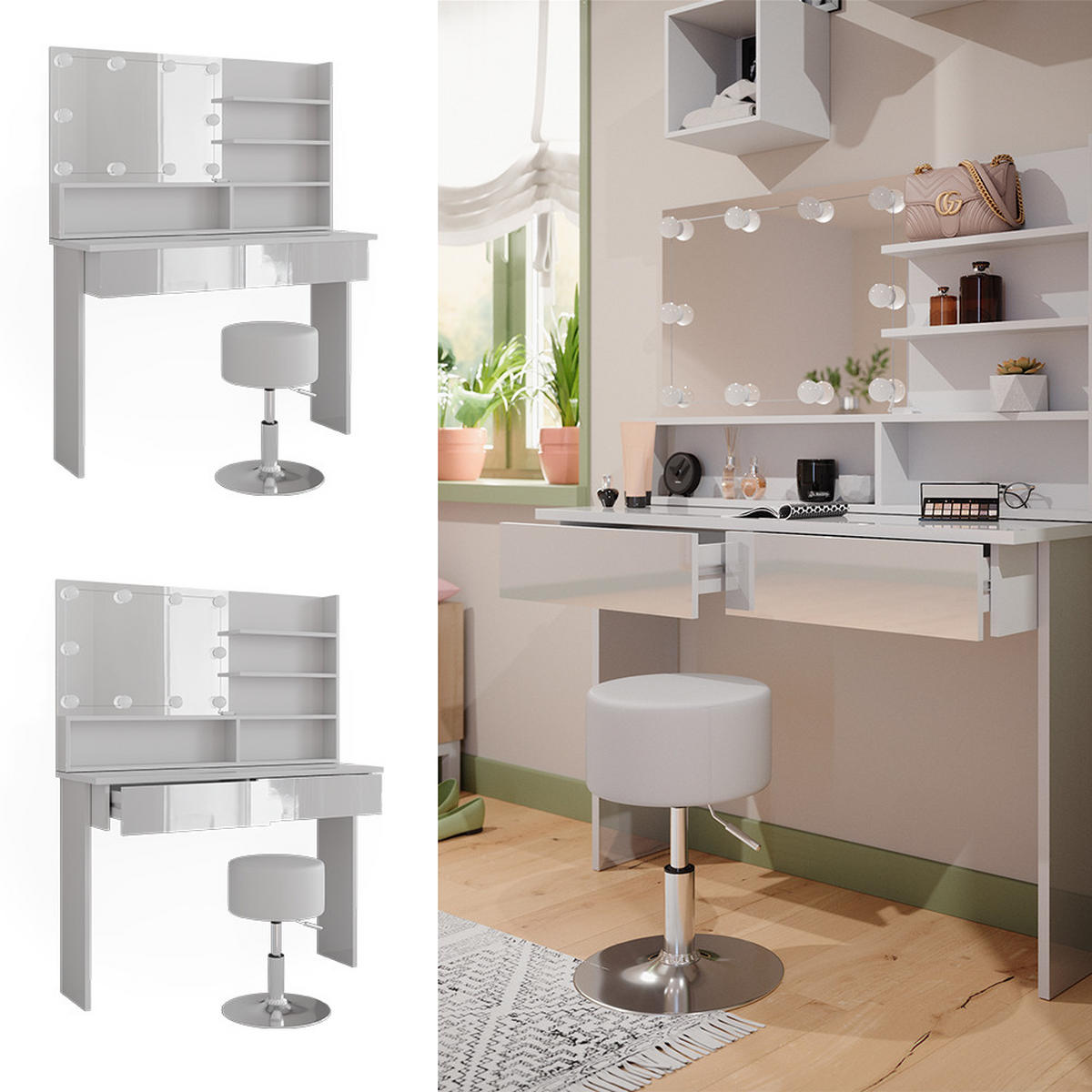 SCHMINKTISCH Azur Weiß 120 cm mit Spiegelregal, Hocker & LED-Beleuchtung - Weiß Hochglanz/Weiß, Holzwerkstoff (120/83.5/40cm) - Vicco