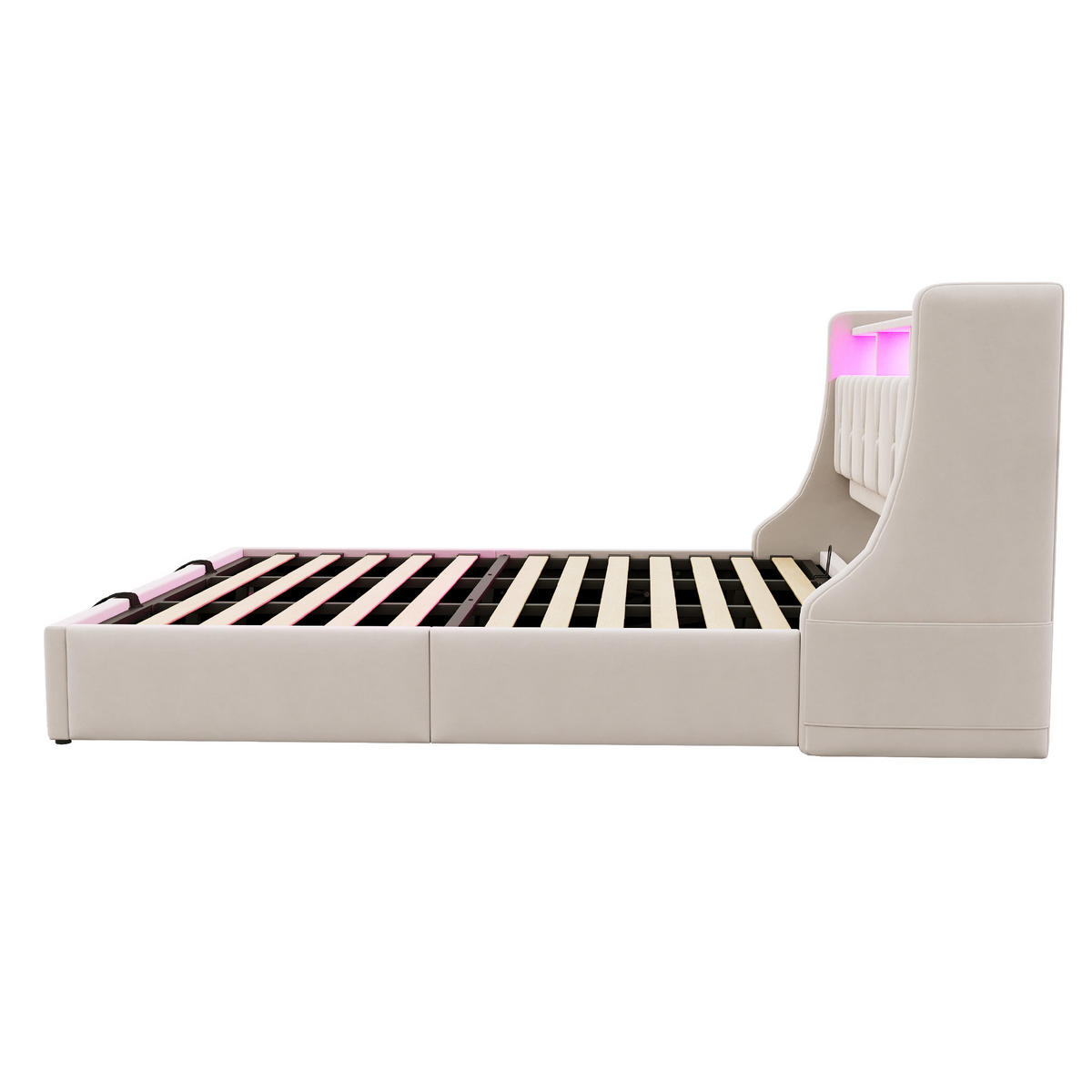 POLSTERBETT 180/200 cm Beige aus Samt mit Stauraum mit LED-Beleuchtung - Beige, Textil (180/200cm) - OKWISH