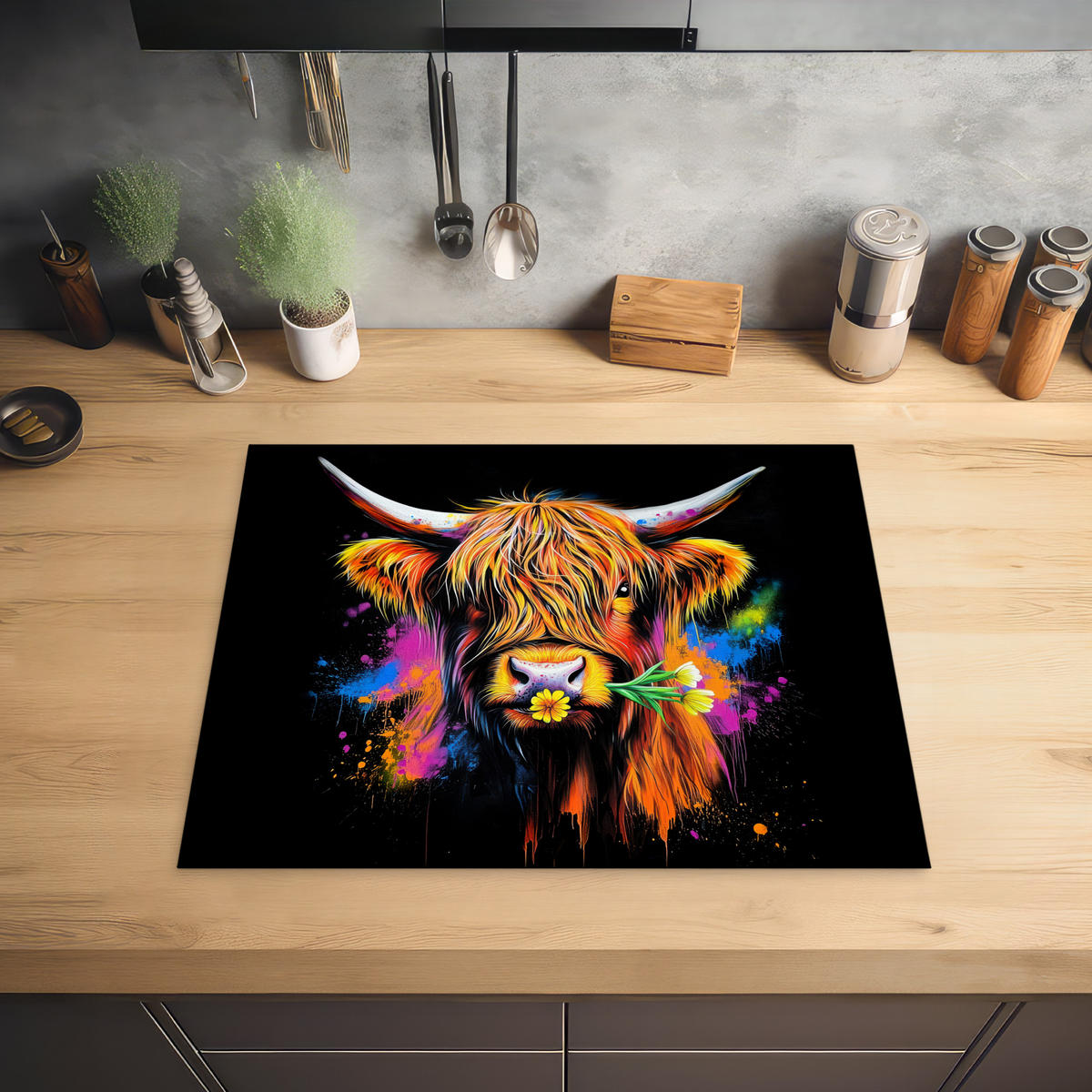 HERDABDECKPLATTE Schottischer Highlander - Graffiti - Bunt - Blume - Tiere Herdabdeckung Induktionsfeld 65x52 cm - Multicolor, Kunststoff (65/52/0.2cm) - MuchoWow