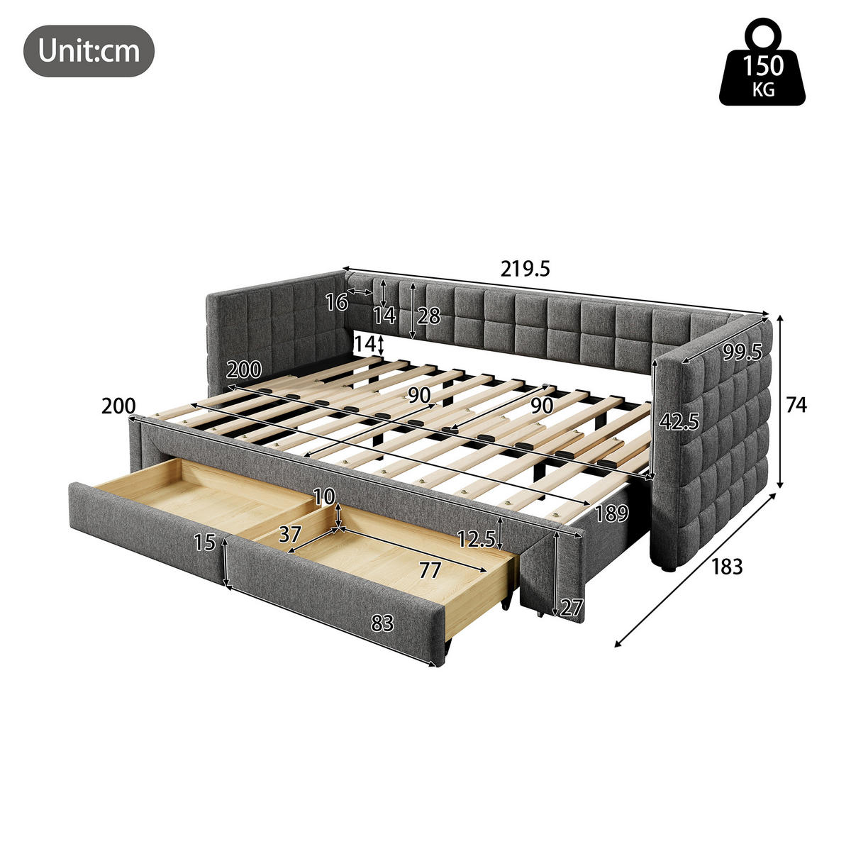 TAGEBETT 90x200cm Grau quadratische Rückenlehne Ausziehbett 2 Schubladen - Grau, Holz (90/200cm) - FLIEKS
