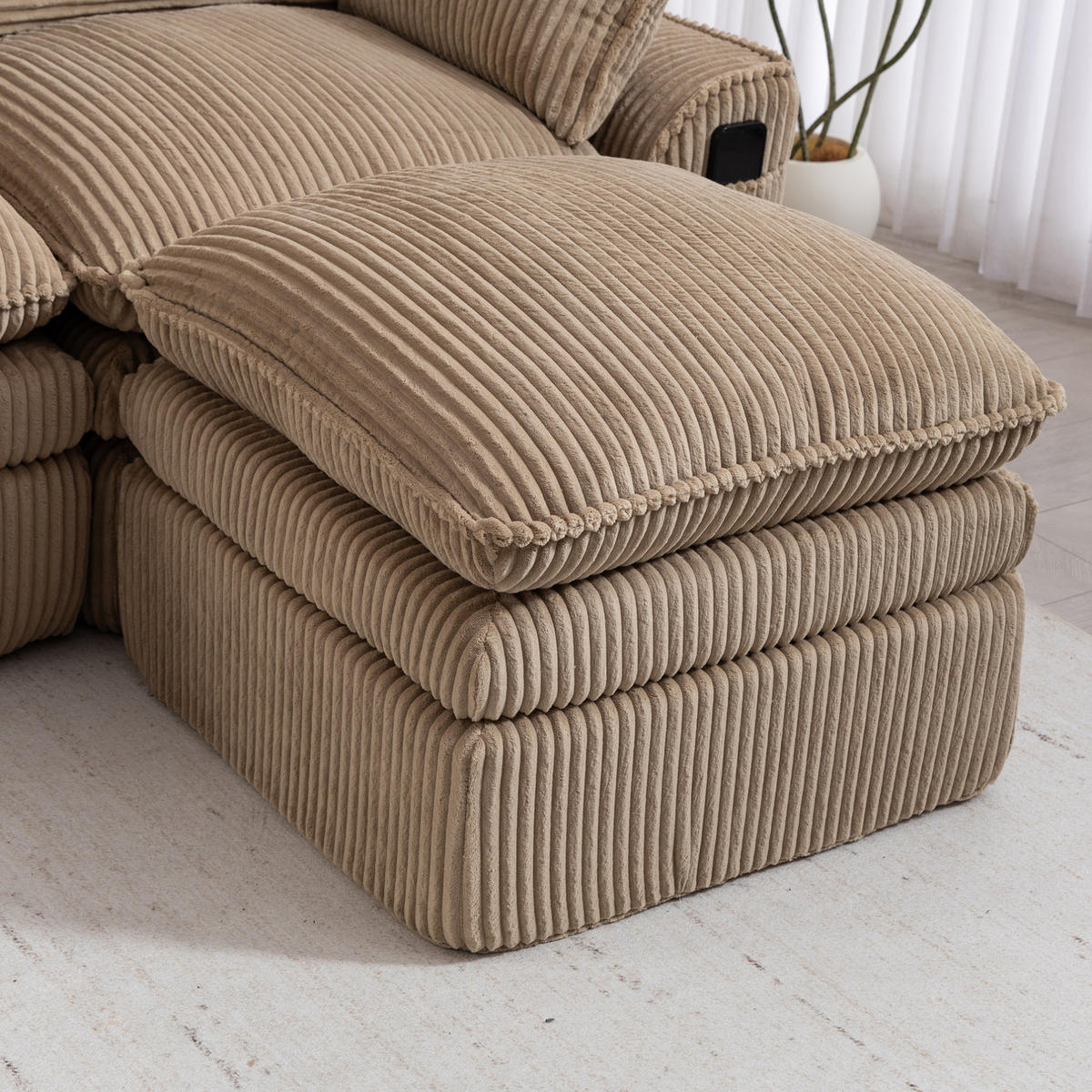 3-STIZER Sofa 263/167/85 cm mit Hocker, Cordbezug, Seitentaschen und Federkern, Khaki - Beige, Textil (263/85/167cm) - Redom