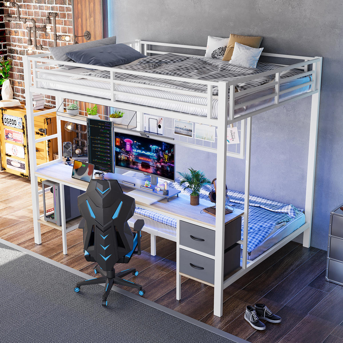 HOCHBETT 90x200cm + 140x200cm Weiß Metall Schubladen Schreibtisch LED - Weiß, Metall (140/200cm) - FLIEKS