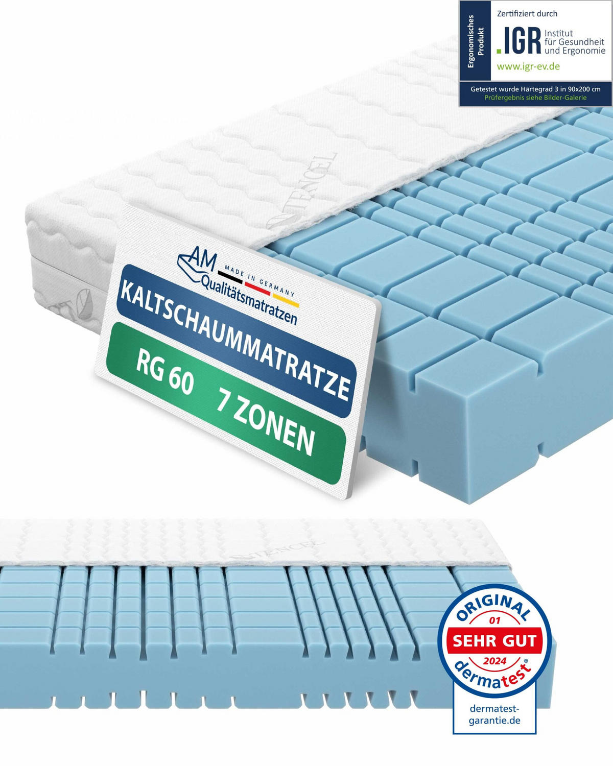 KALTSCHAUMMATRATZE 90/200 cm H3 - 19cm Höhe & Tencel Bezug - Weiß, Textil (90/200cm) - AM Qualitätsmatratzen