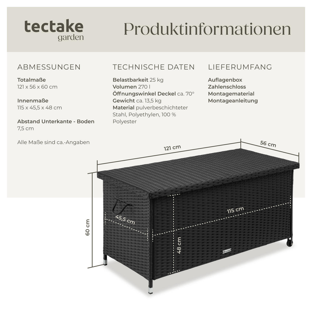 AUFLAGENBOX Kiruna,121 x 56 x 60 cm,schwarz - Schwarz, Kunststoff (56/60/121cm) - tectake