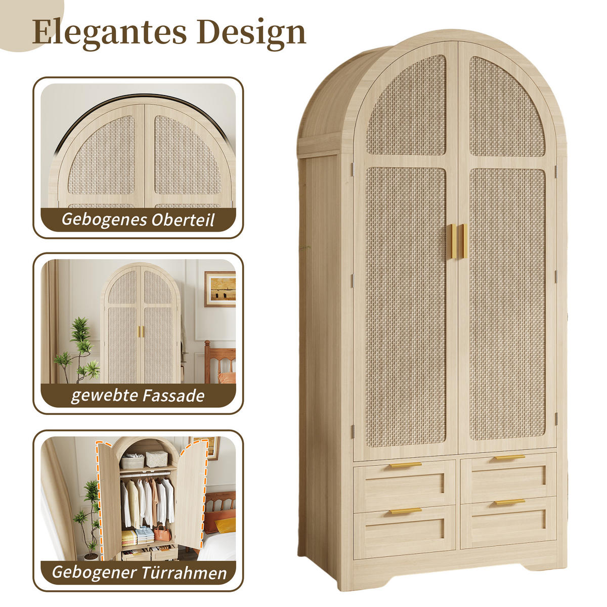 KLEIDERSCHRANK modern gebogene Türen Stauraum Kleiderstange Schubladen Luxus - Eichefarben, Holzwerkstoff (80/179/50cm) - FLIEKS
