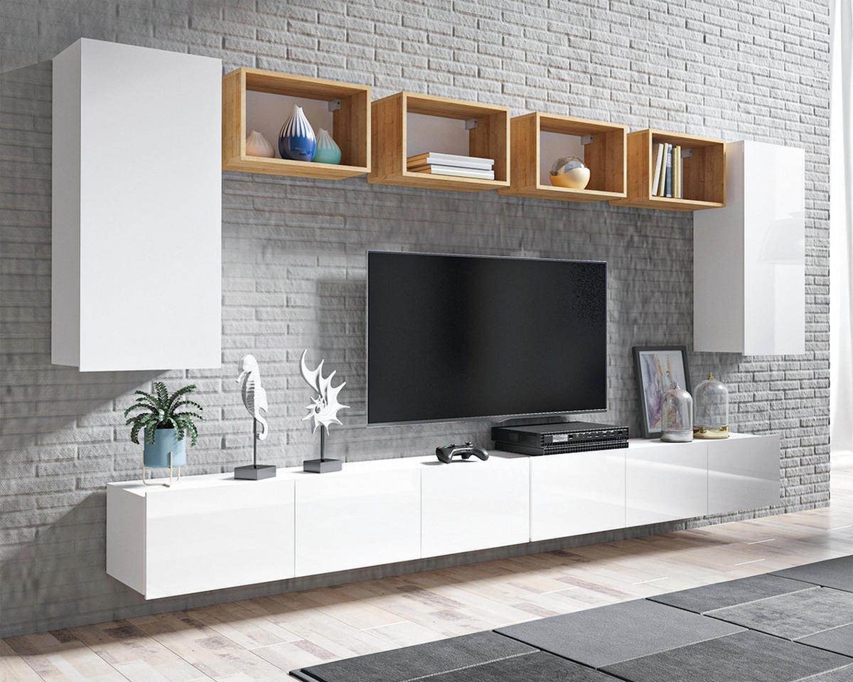 WOHNWAND Kossana 35 Modern Goldene Eiche/Weiß 300/154/43 cm TV Möbel - Weiß, Holzwerkstoff/Kunststoff (300/158/43cm) - AX Living