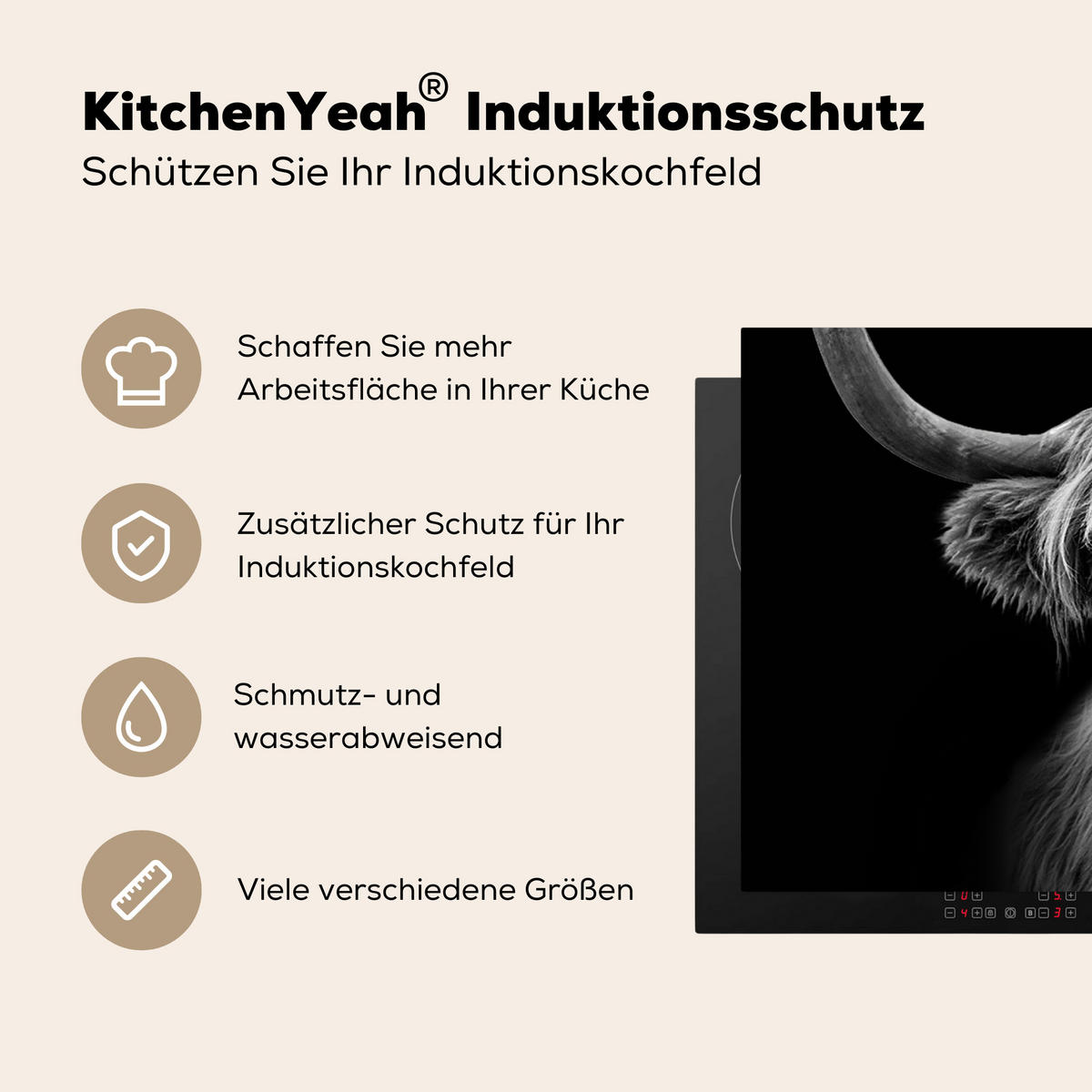 HERDABDECKPLATTE Schottischer Highlander - Hörner - Schwarz - Weiß - Kuh - Wild - Tiere Induktionsschutz 91.6x52.7 cm - Schwarz, Kunststoff (91.6/52.7/0.2cm) - MuchoWow