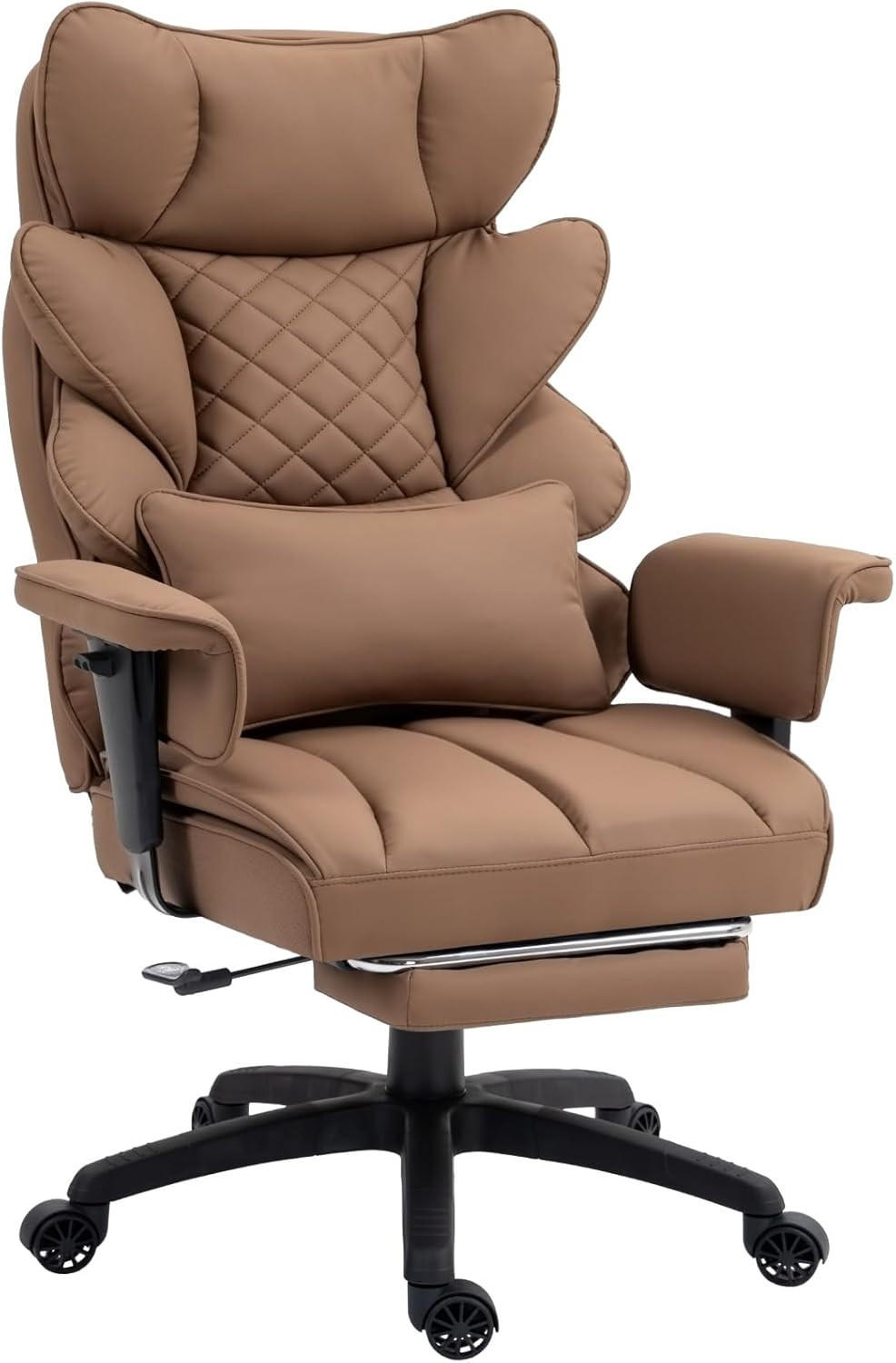 GAMING-STUHL & gefederten Sitzkissen Lendenwirbelstütze und Fußstützen - Braun, Leder (76/121/60cm)