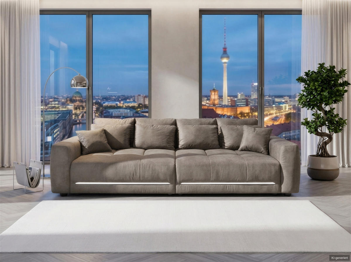 BIG-SOFA Federkern B294/T136/H86 cm, RGB-LED-Beleuchtung mit Fernbedienung, Mikrofaserstoff in Hellgrau / 15416 - Hellgrau/Schwarz, Kunststoff/Textil (294/86/136cm) - luma-home