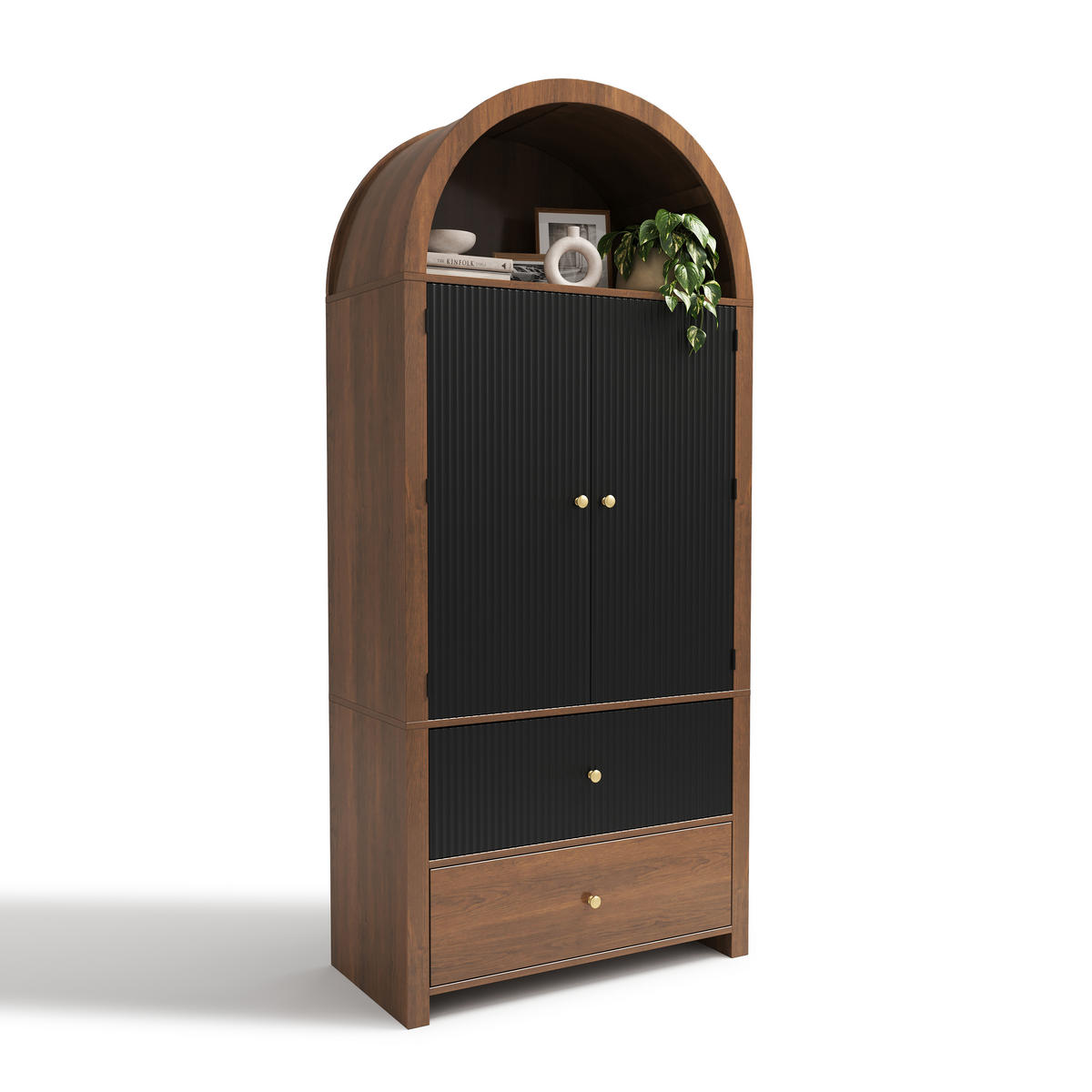 MEHRZWECKSCHRANK mit Bogendesign, Stauraum & Vintage-Optik (MDF), Schwarz, 40/80/180cm - Walnussfarben/Schwarz, Holzwerkstoff (80/180/40cm) - EVRYAE