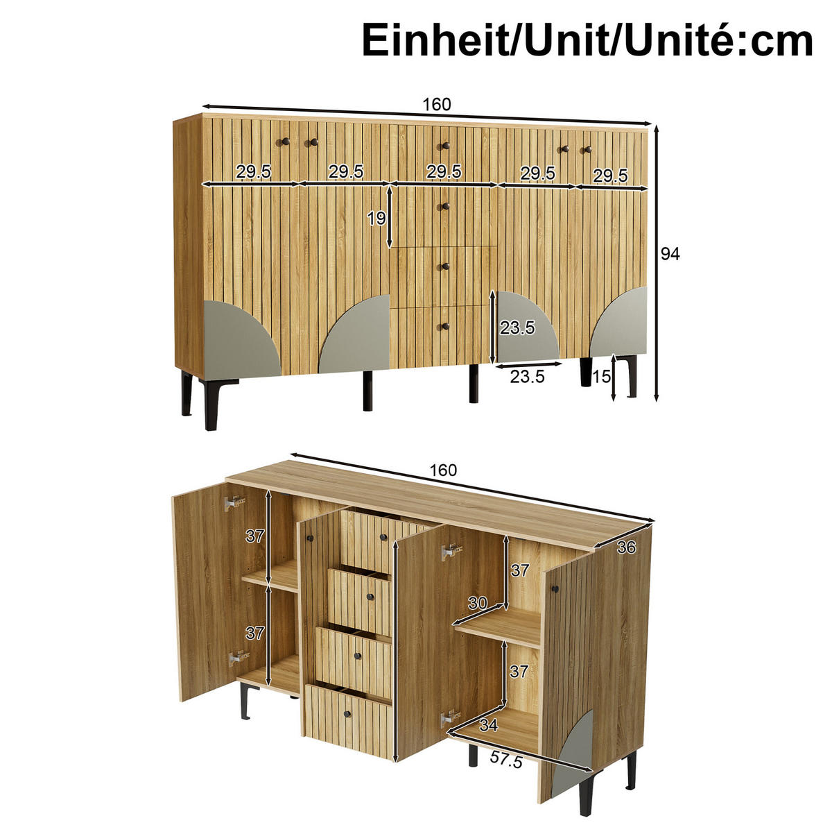 SIDEBOARD 160/36/94 cm in Holzfarbe mit 4 Türen und 4 Schubladen - Eichefarben, Holzwerkstoff (160/94/36cm) - Flora Grace