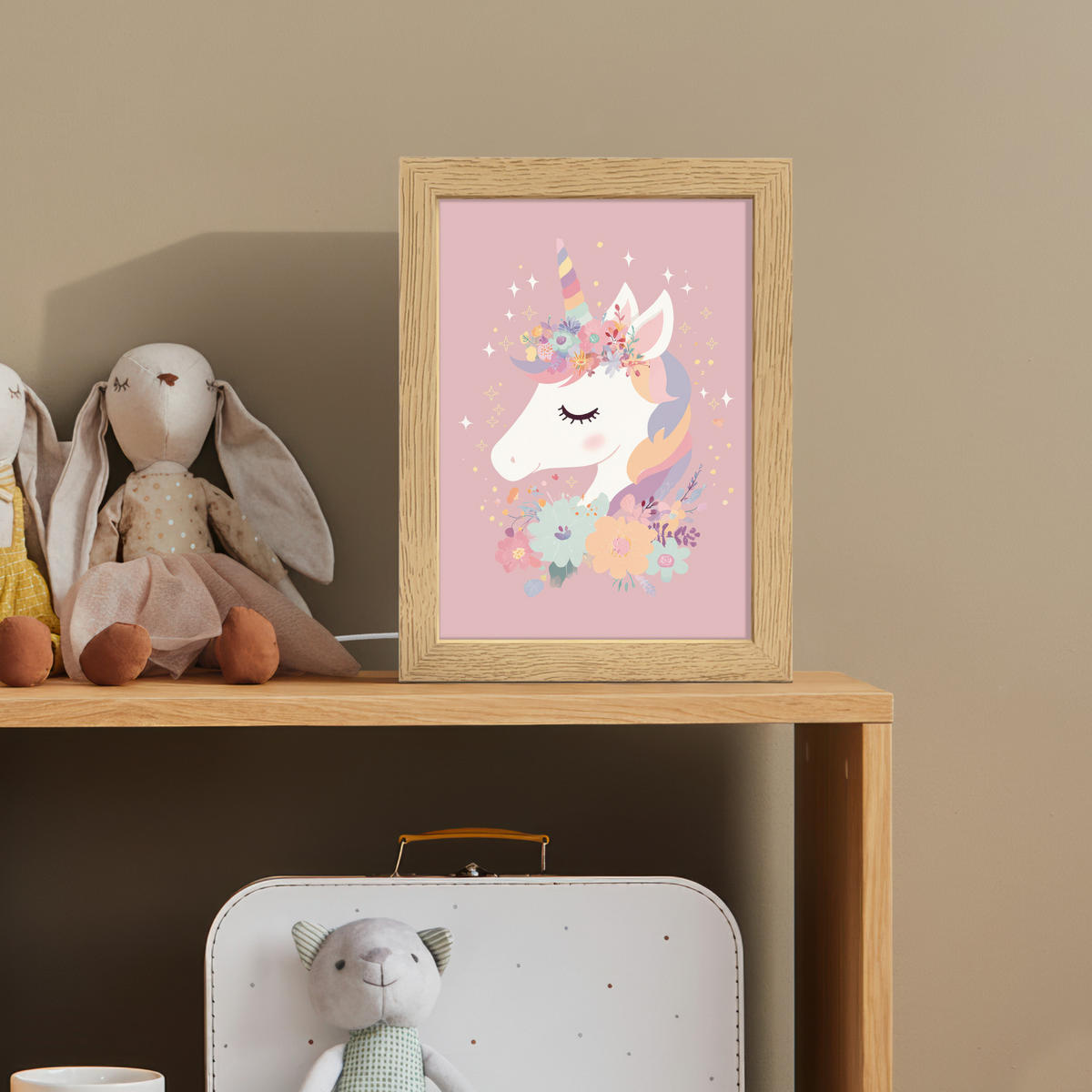 NACHTTISCHLAMPE Einhorn - Rosa - Blumen 15x20 cm - Rosa, Holzwerkstoff (8/15/20cm)