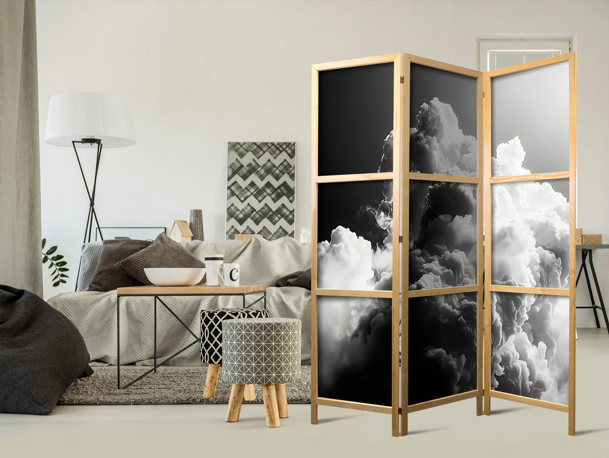 PARAVENT Japanischer 3-tlg 135x172 cm Schwarz-Wei e Wolken - Grau, Holz/Textil (135/172/3cm) - Muralo
