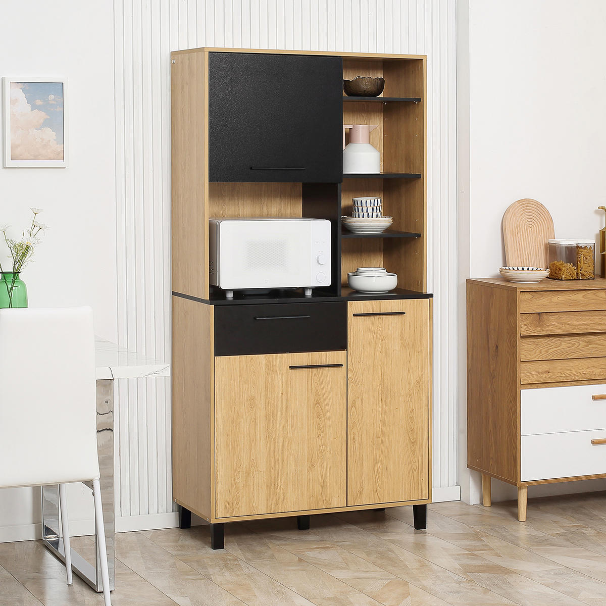 BUFFET DE-11033 3 Türen Schwarz/Naturholz - Naturfarben, Holzwerkstoff (40/180/90cm) - ComfortXL
