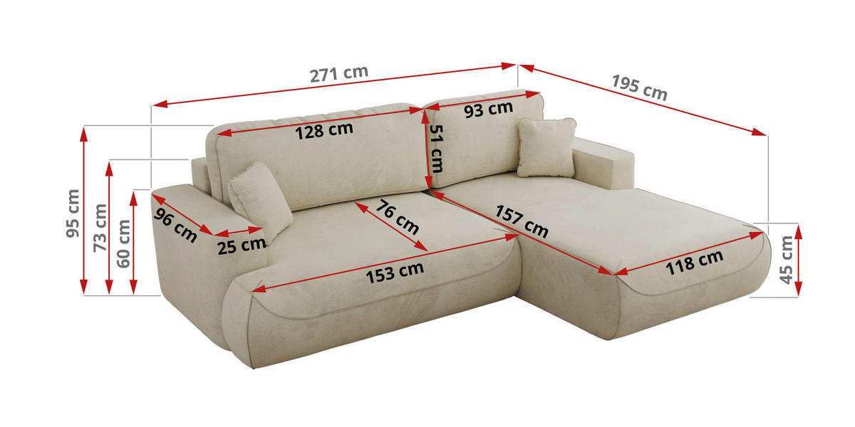 ECKSOFA OVO L Beige Velvet - Rechts Seite - Beige/Schwarz, Kunststoff/Textil (195/271cm) - MKS