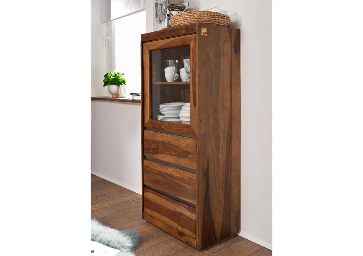 VITRINE Sheesham 63x40x147 noble unique lackiert SYDNEY #104 - Braun, Holz (63/147/40cm) - Massivmoebel24