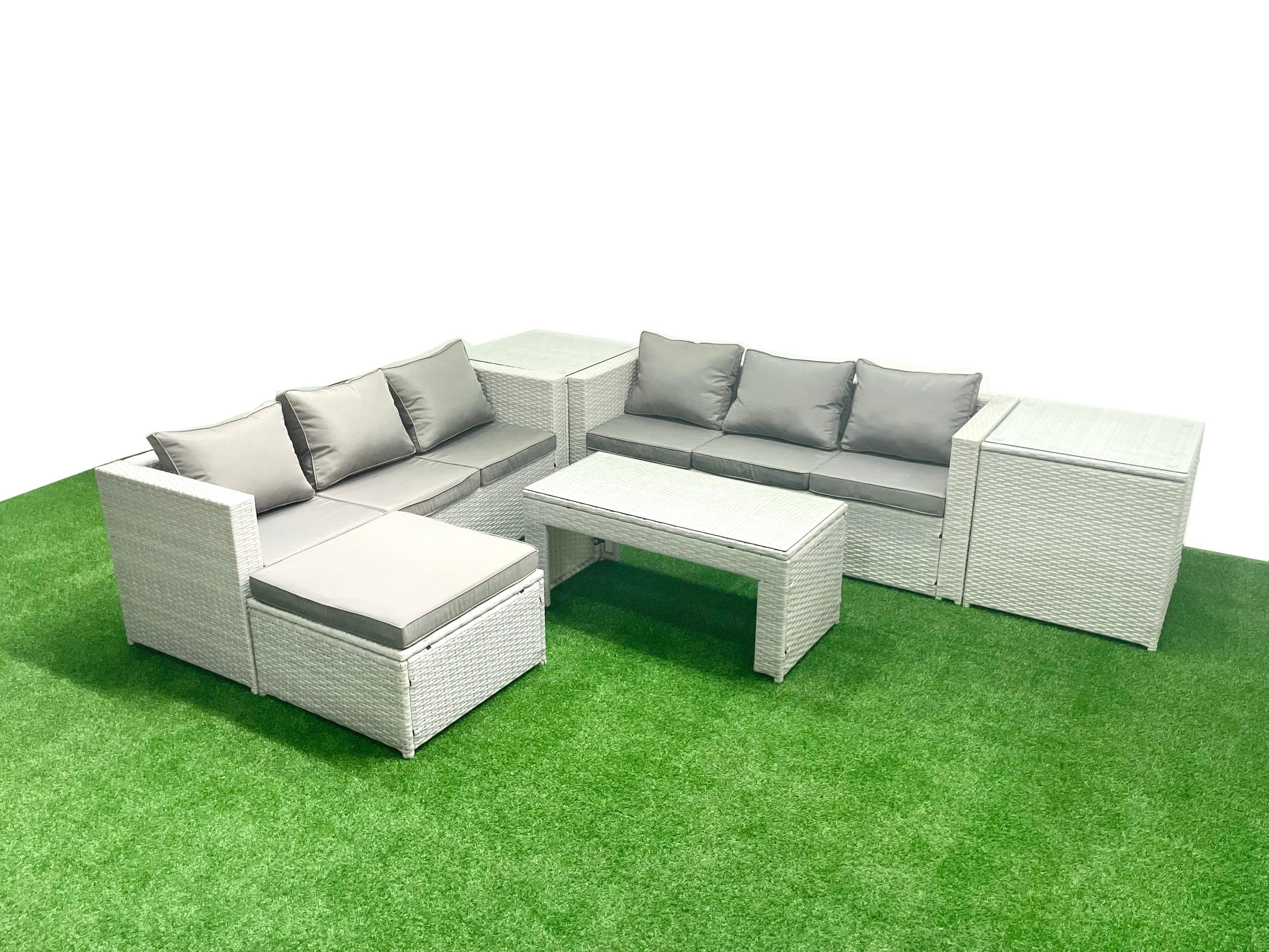GARTENSOFA hohe Rückenlehne Polyrattan Hellgrau-Mix 7-Sitzer - Hellgrau/Grau, Glas/Kunststoff - Fimous